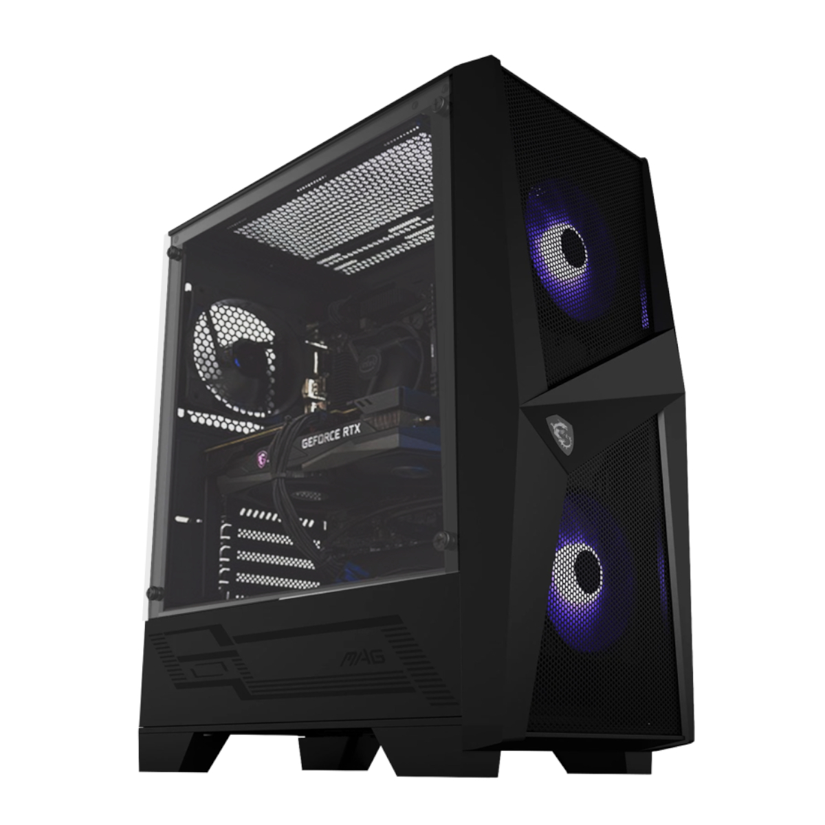 Una caja de ordenador gaming negra con un panel lateral de cristal y luces brillantes, sobre fondo blanco.