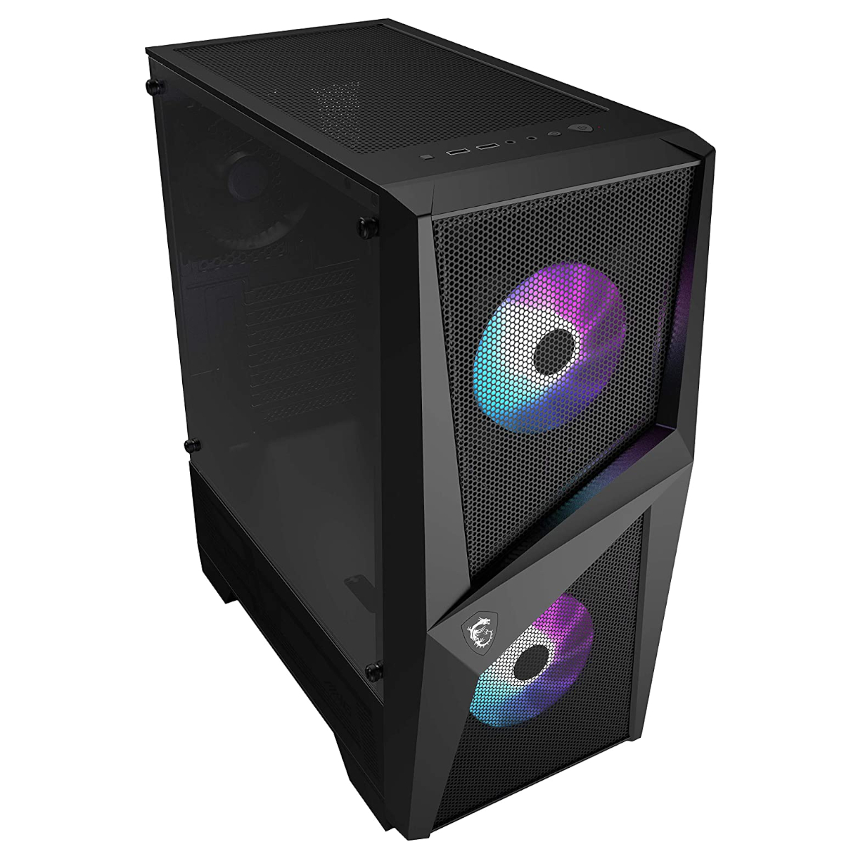 Carcasa de computadora MSI negra con frente de malla y ventiladores RGB visibles.