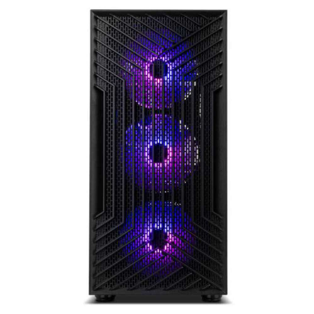 Una caja de computadora negra con tres ventiladores iluminados, emitiendo luz púrpura y azul.