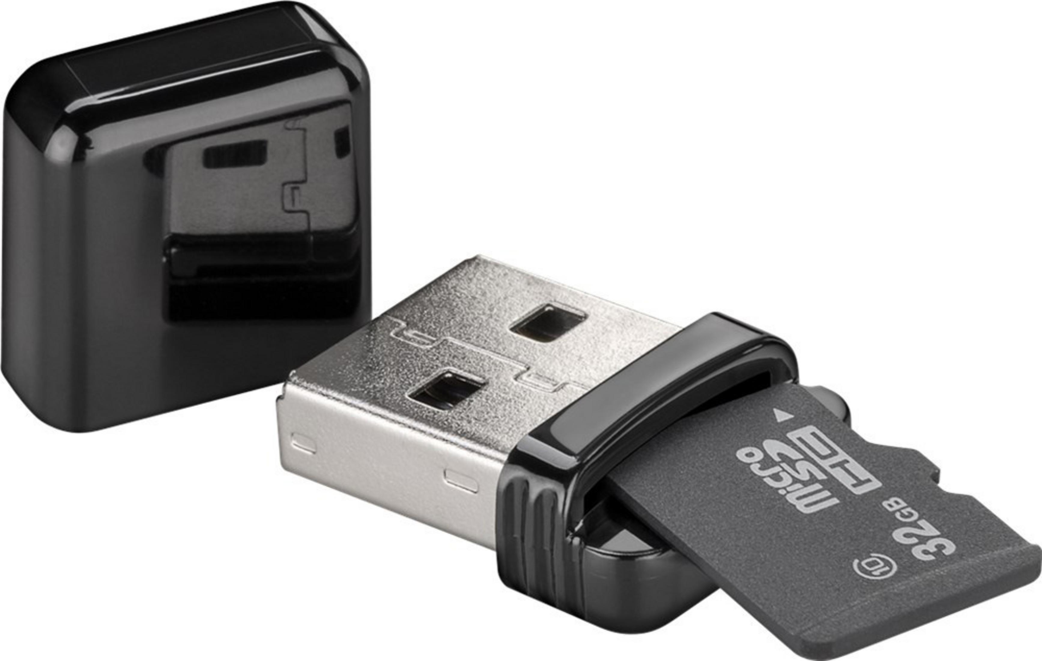 Adapter USB z włożoną kartą micro SD. Adapter jest czarny i srebrny.