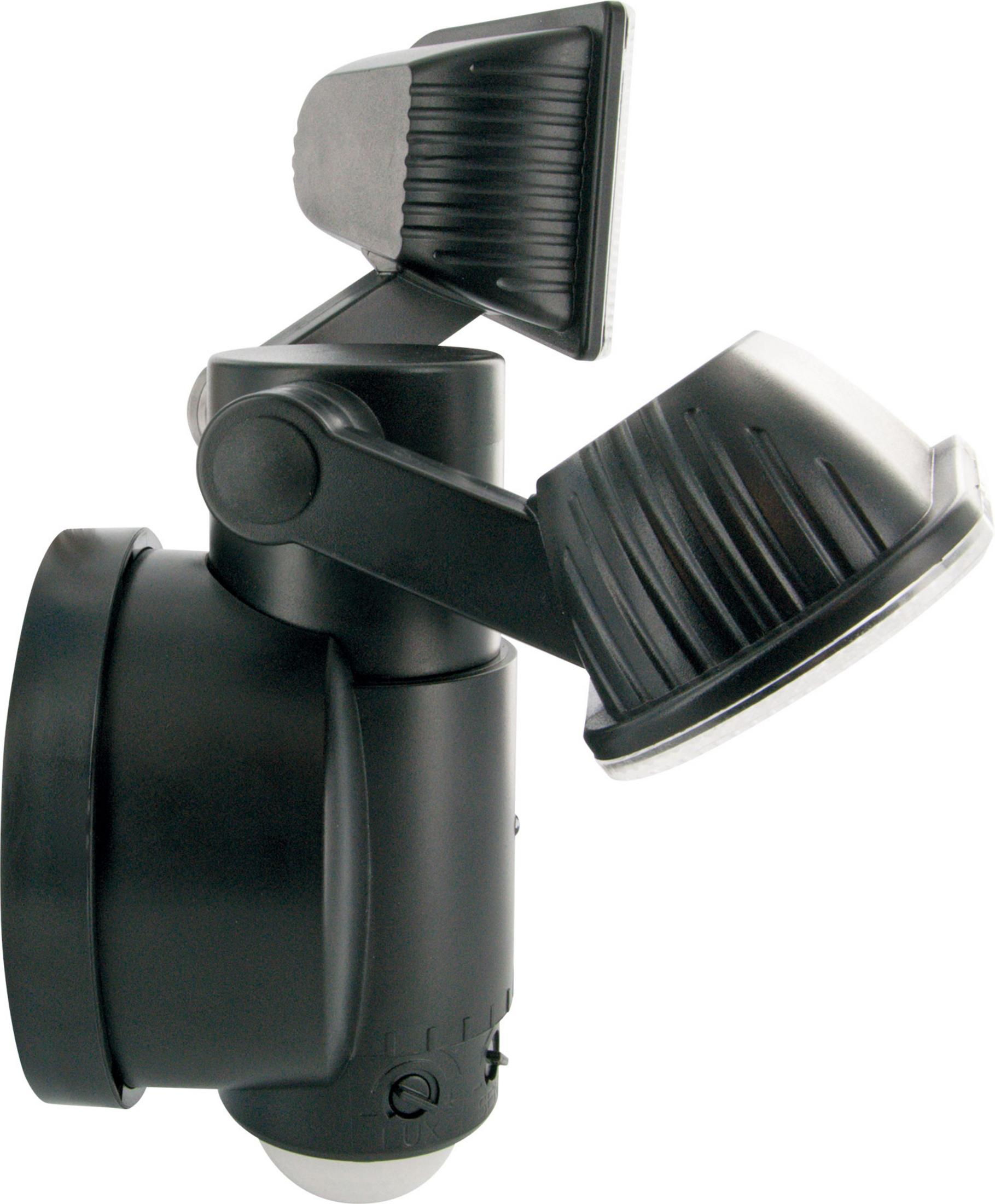 Black outdoor security light. Two light heads, angled, with a sensor at the bottom.