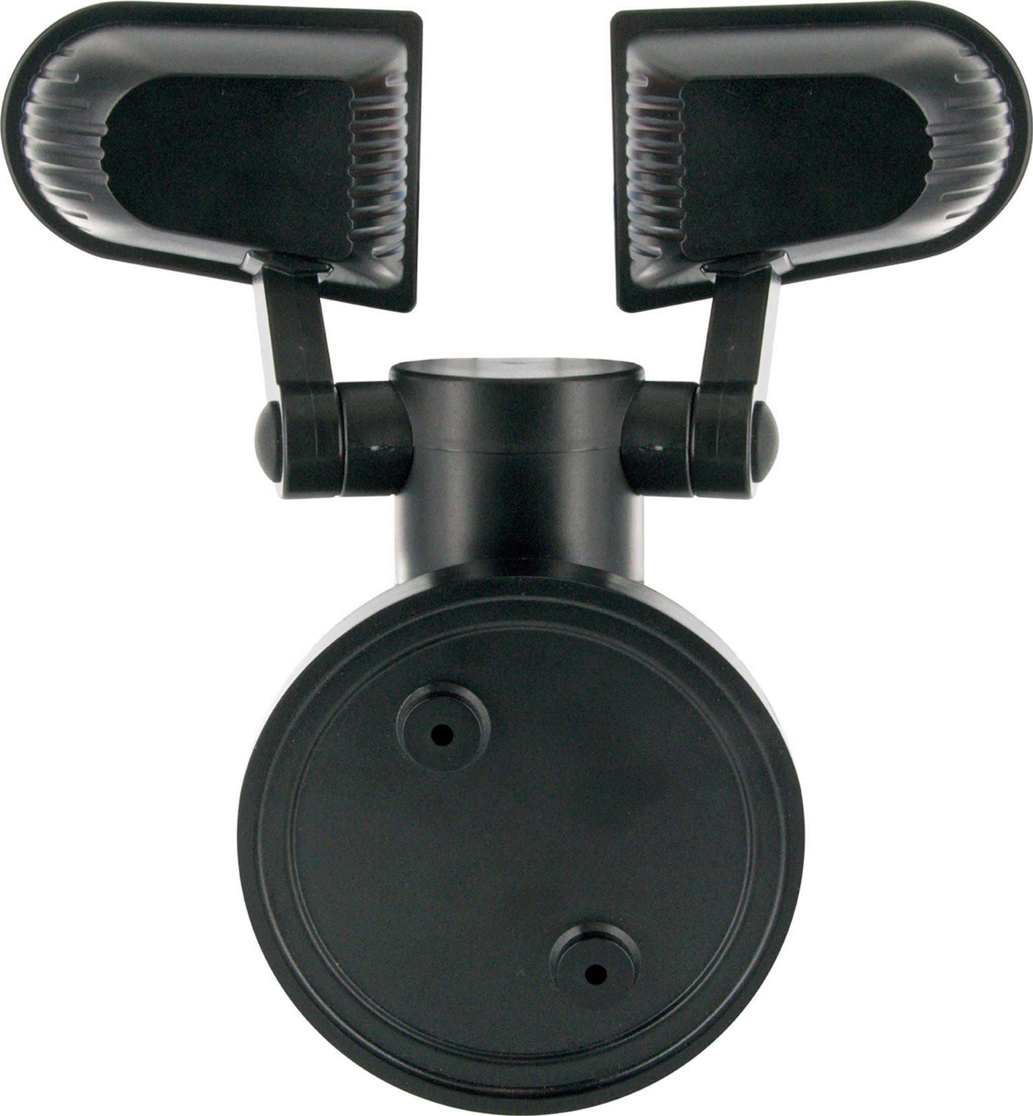 A black outdoor light fixture with two lights. It has a round base with two mounting holes.