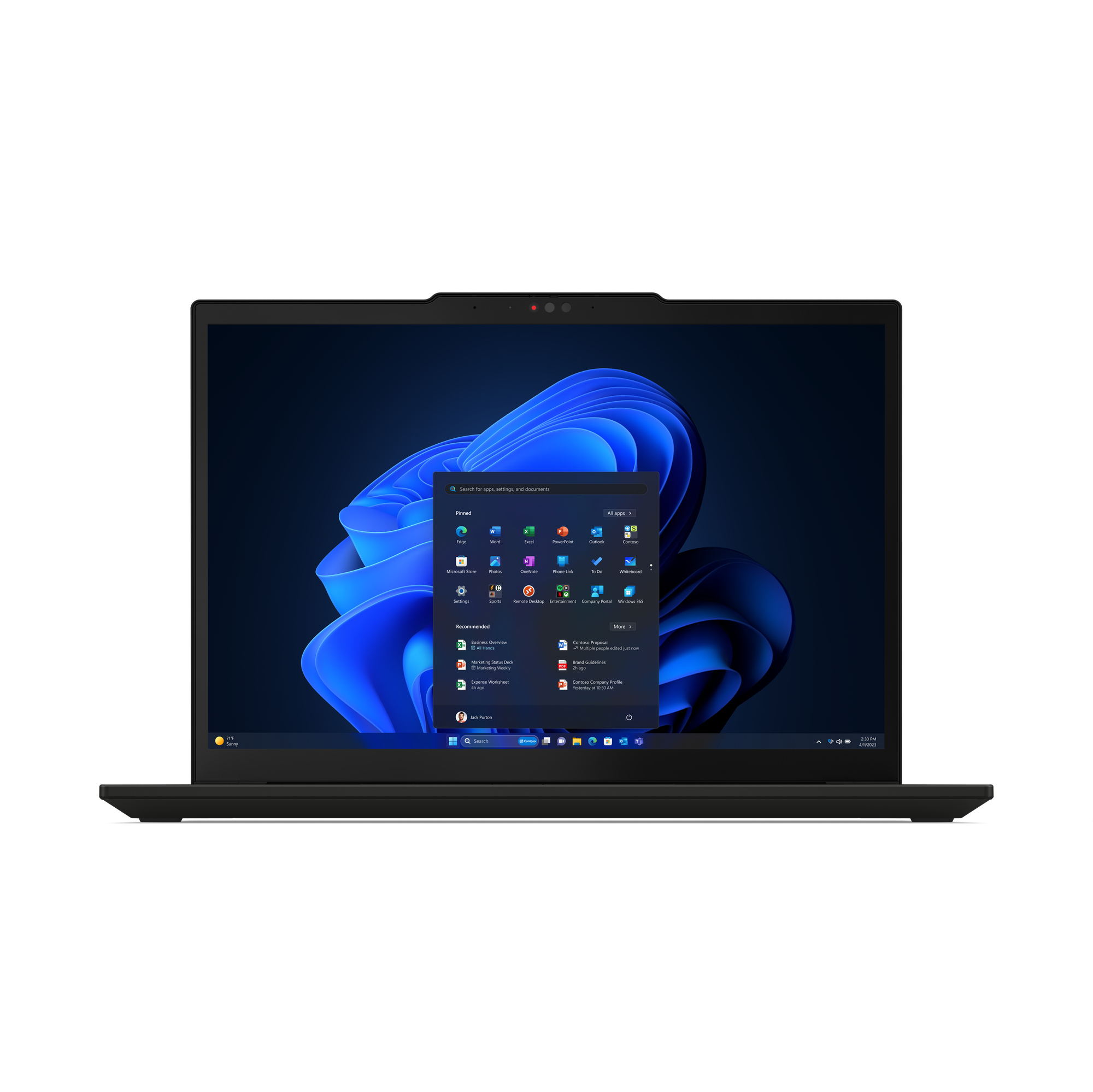 Czarny laptop wyświetla interfejs Windows 11 na ekranie.