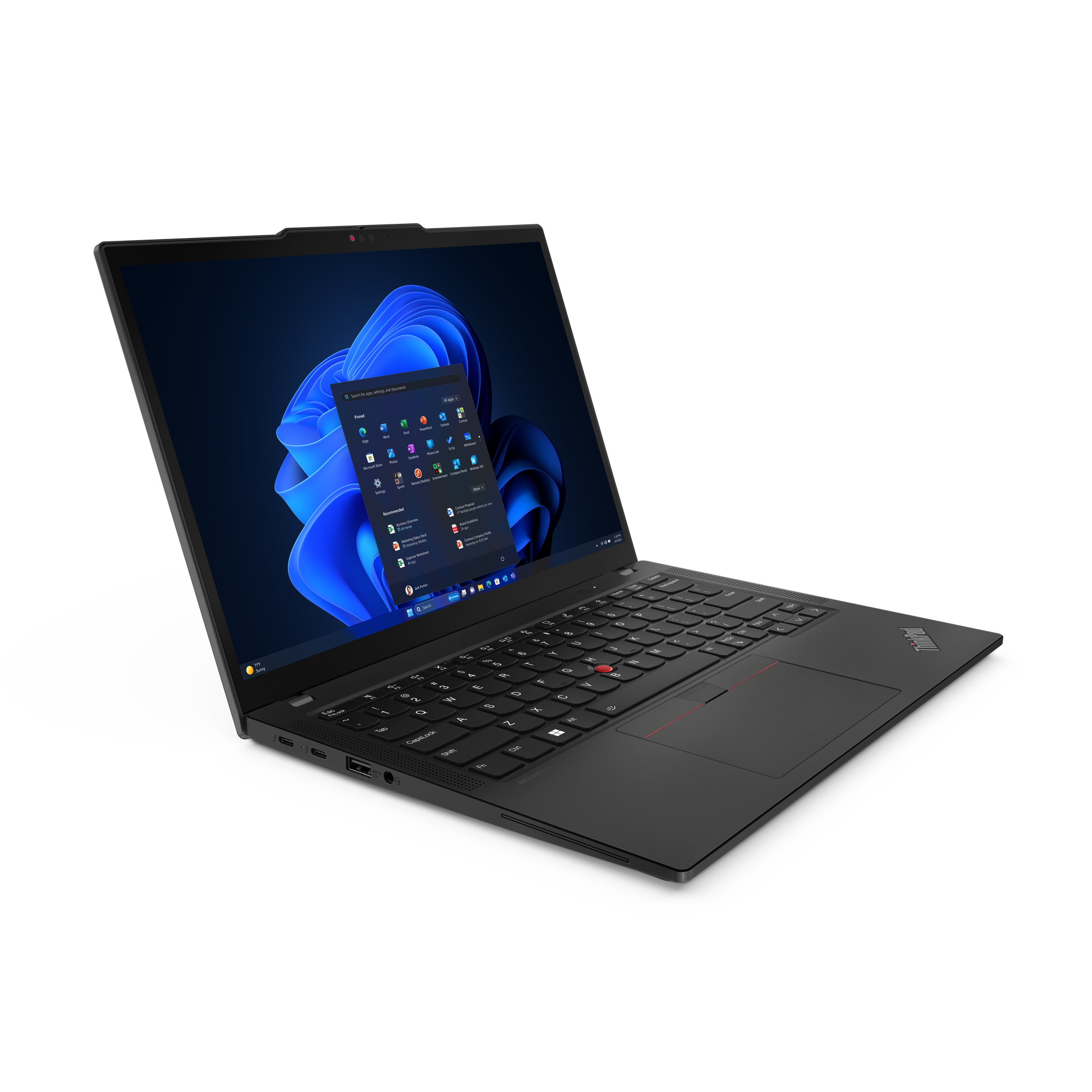 Un laptop Lenovo nero su sfondo bianco. Lo schermo mostra un desktop Windows blu e nero.