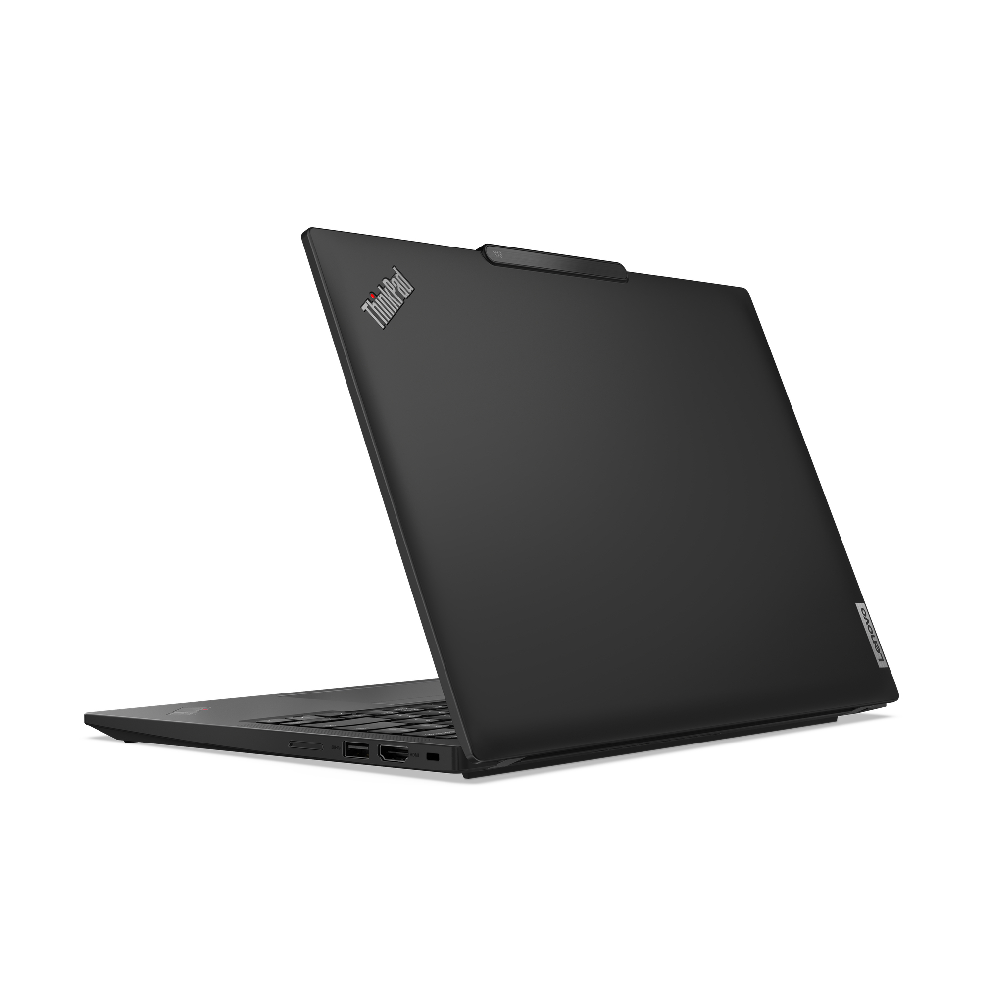 Laptop nero da dietro. Lo schermo è leggermente aperto e il marchio "ThinkPad" è visibile.
