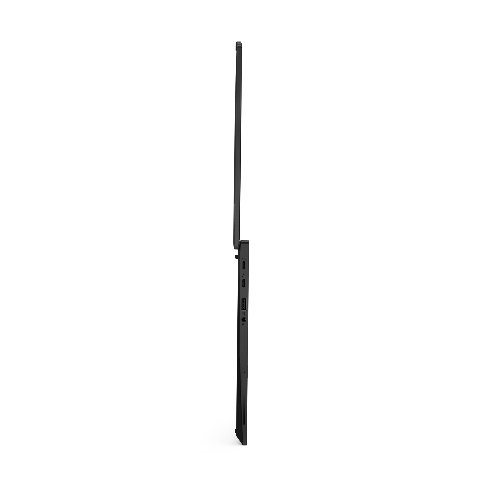 Uno schermo TV nero è visto di lato, mostrando il suo profilo sottile su sfondo bianco.