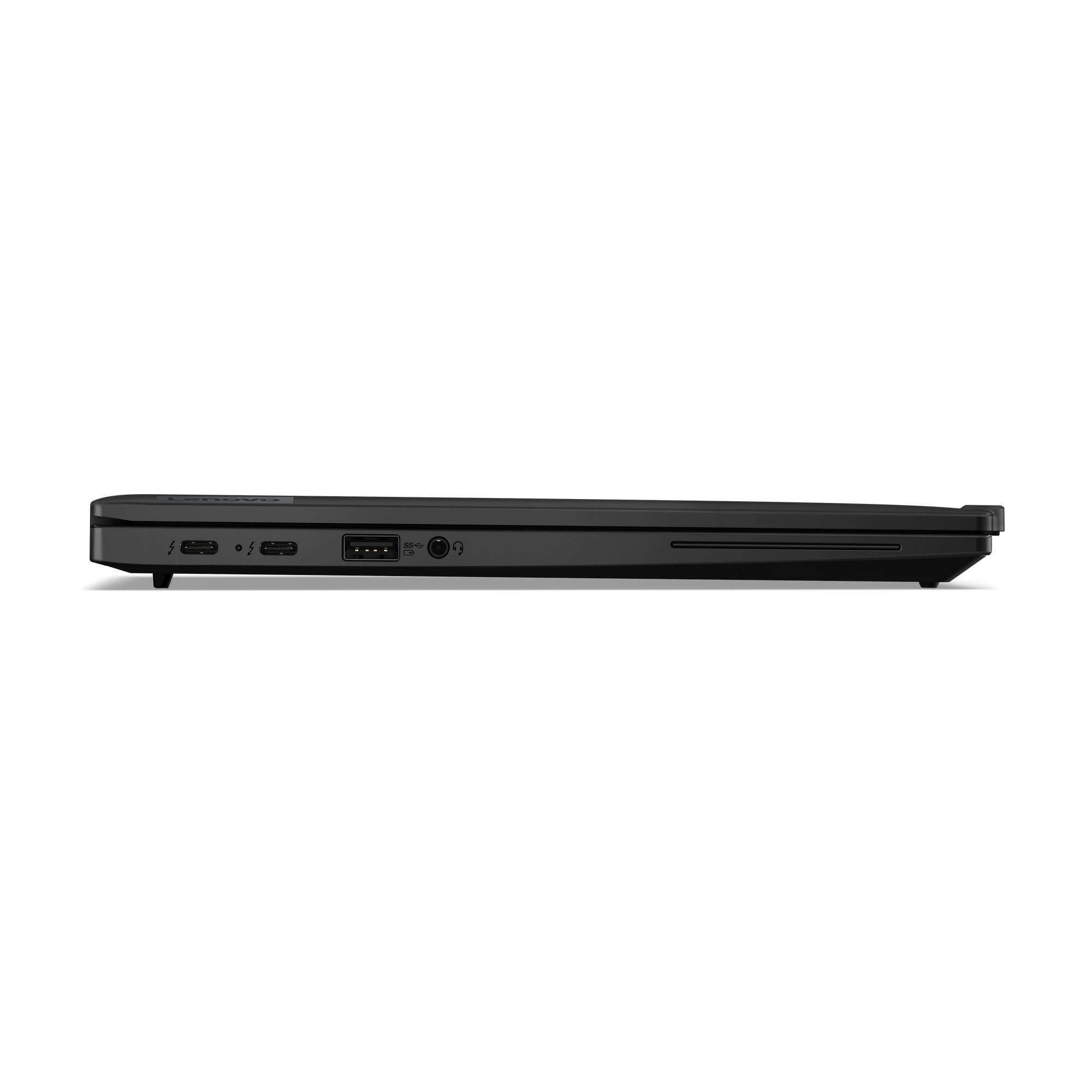 Laptop nero, vista laterale. Mostra porte e connessioni sul lato. Sfondo bianco.