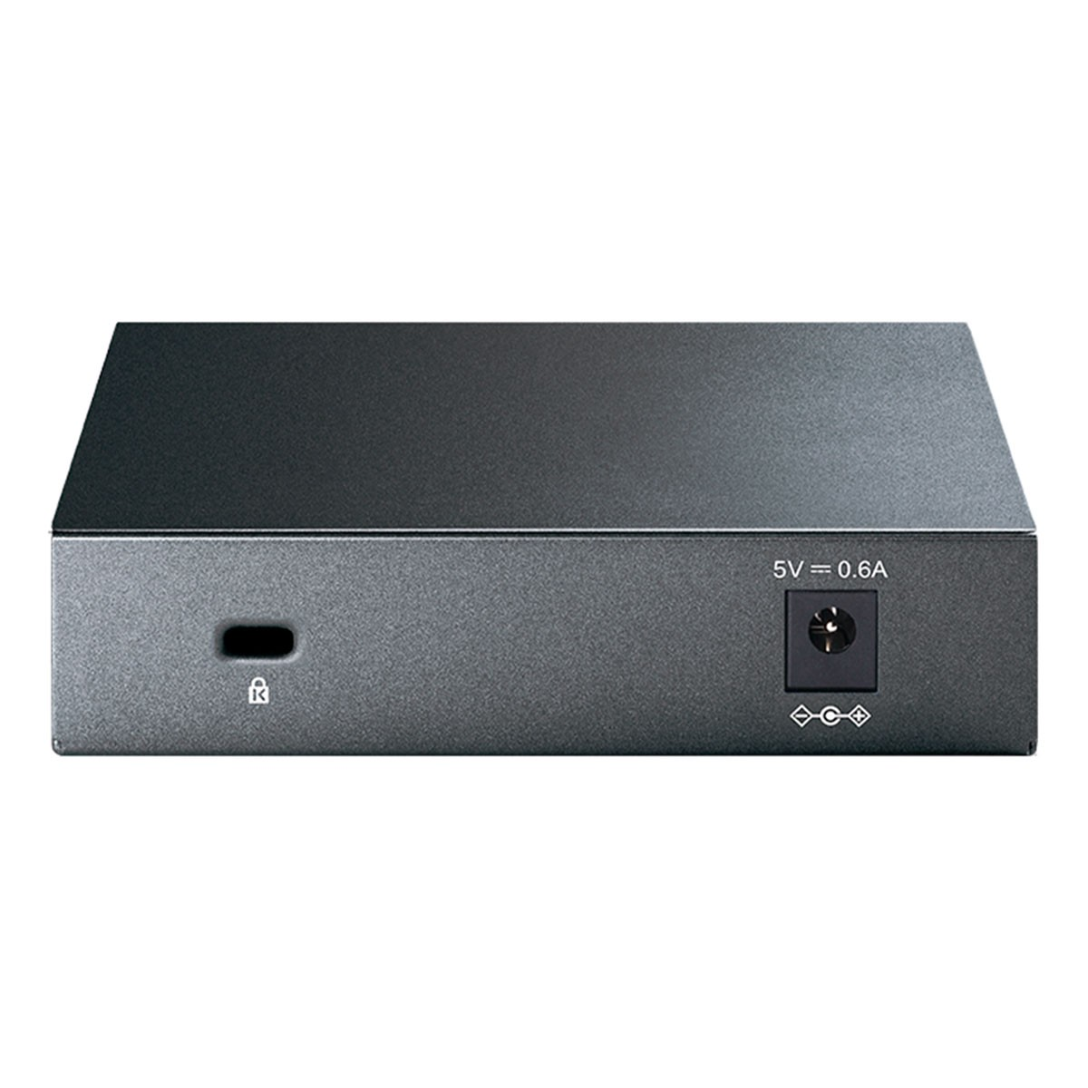 Małe, ciemnoszare urządzenie z wejściem zasilania i małym otworem. Komponent techniczny.