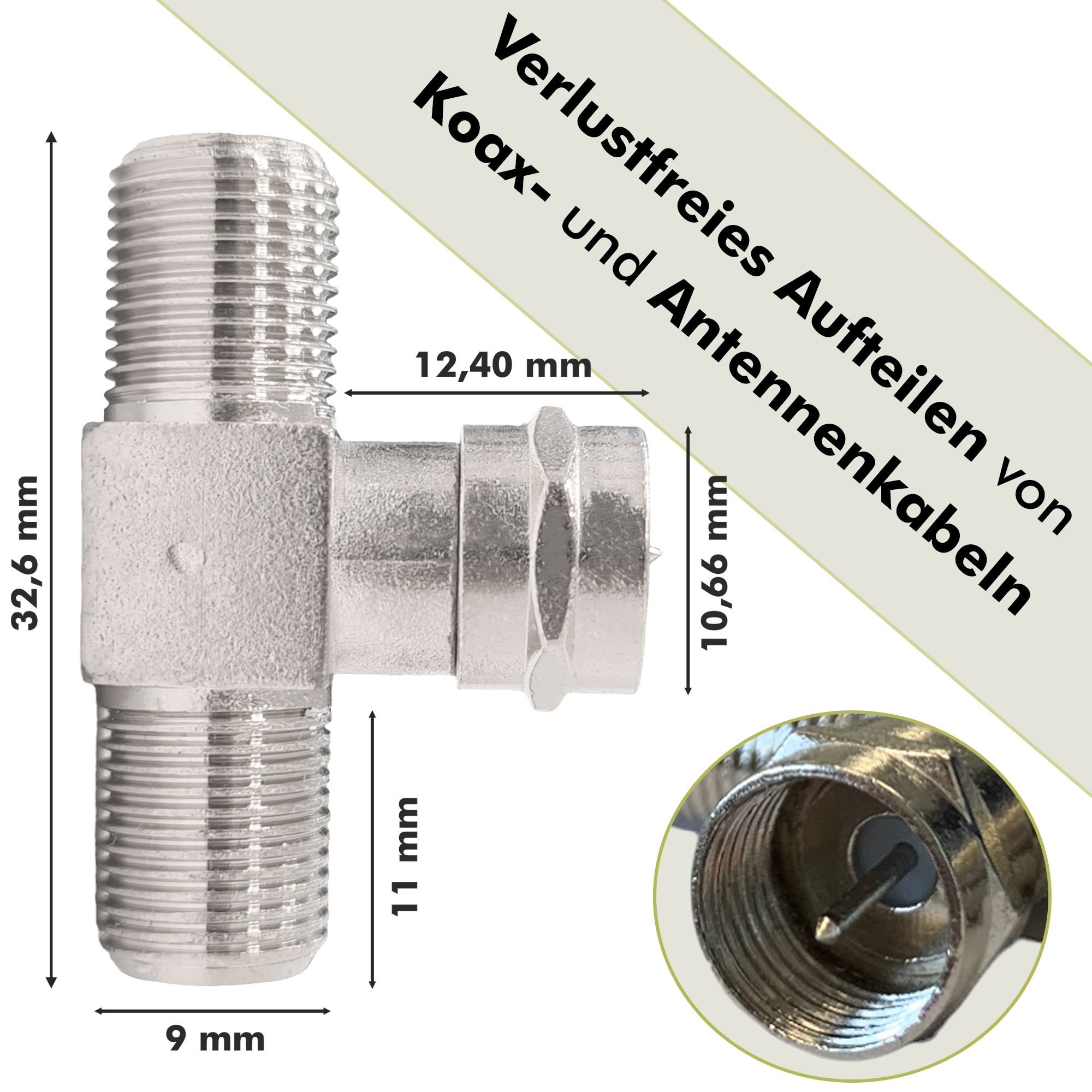 Silberner T-Stecker mit in Millimetern beschrifteten Abmessungen für Koaxialkabel.