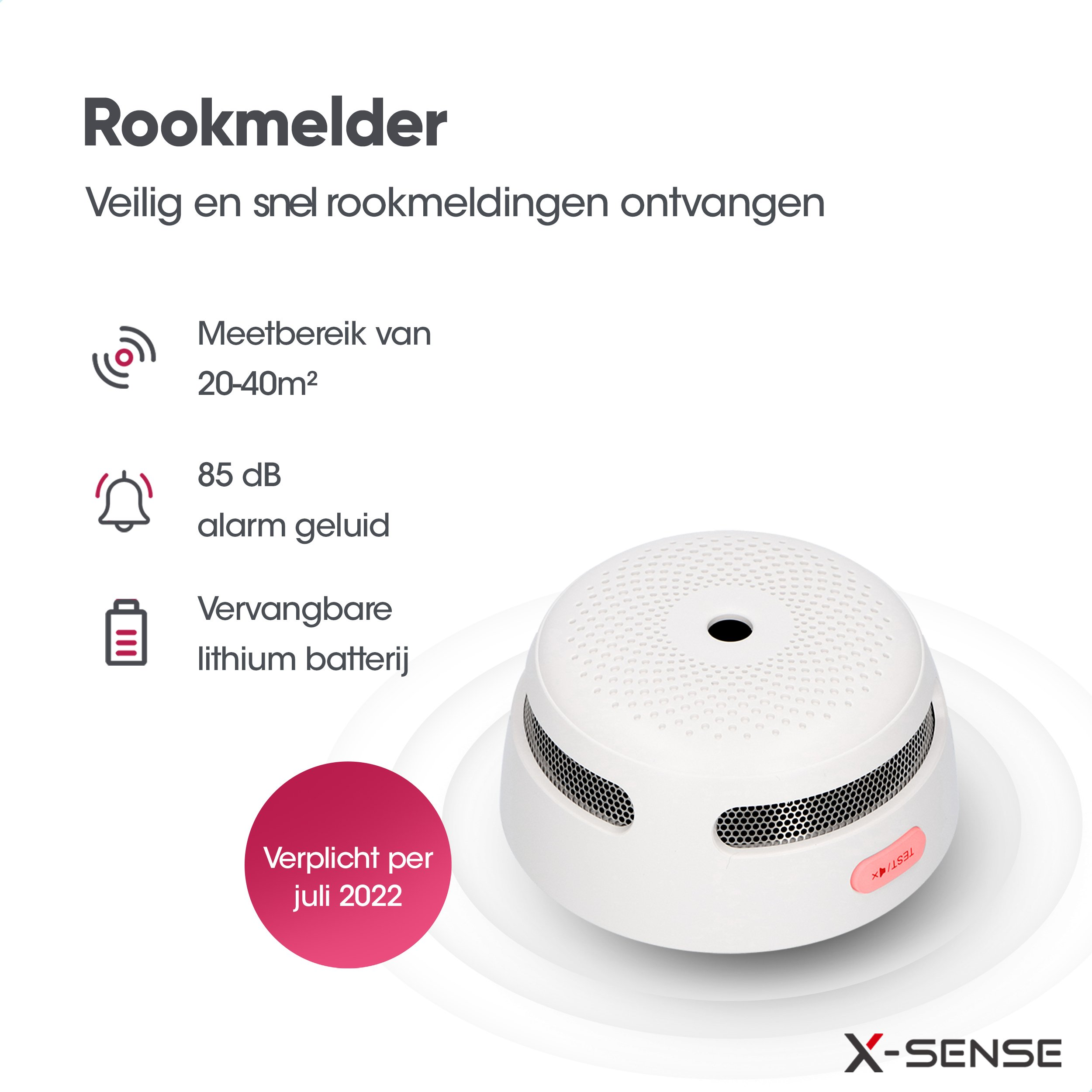 Ein weißer Rauchmelder mit runder Form und roter Taste, mit Text.