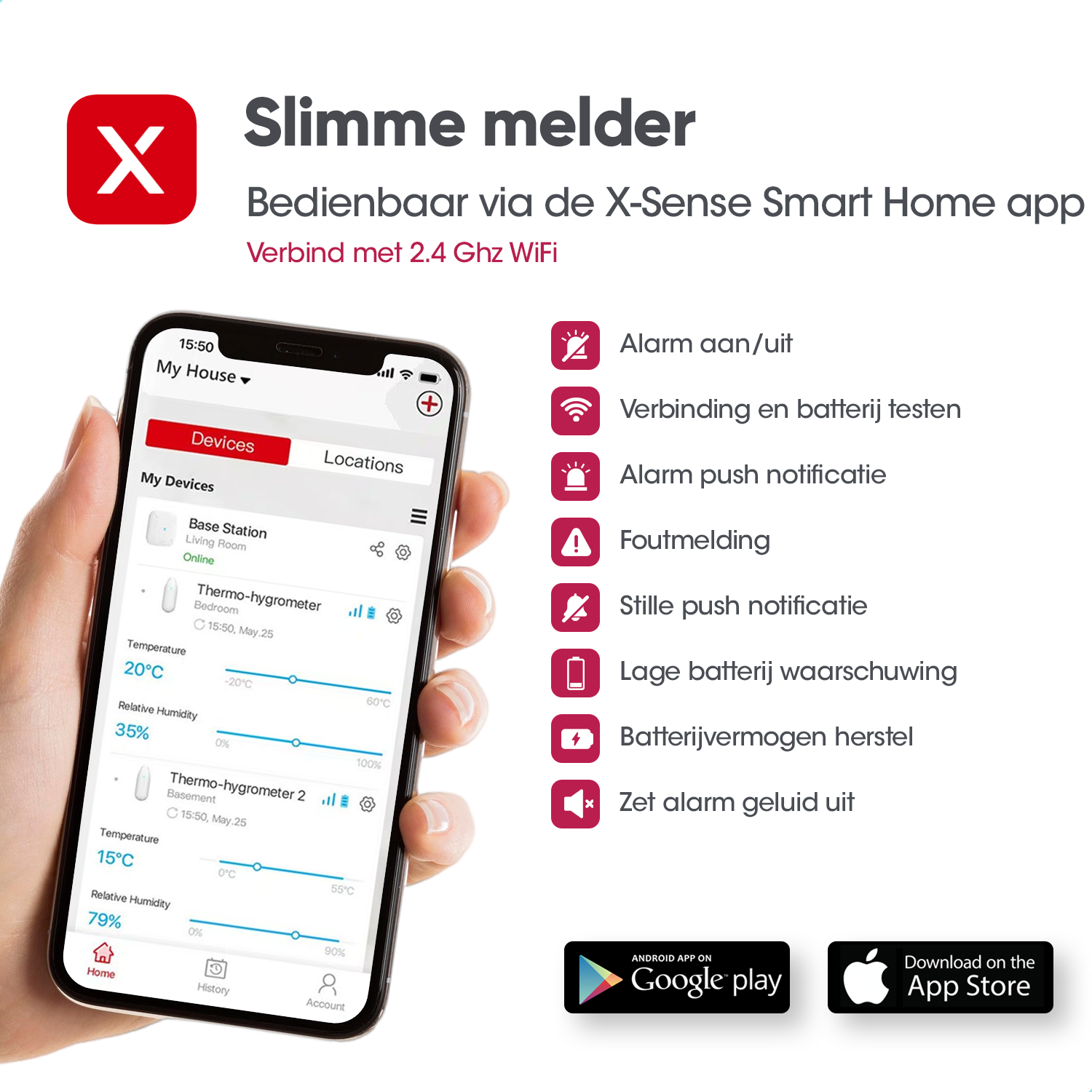 Ein Smartphone-Bildschirm mit Smart-Home-App-Steuerung und -Einstellungen, mit Symbolen und Text.