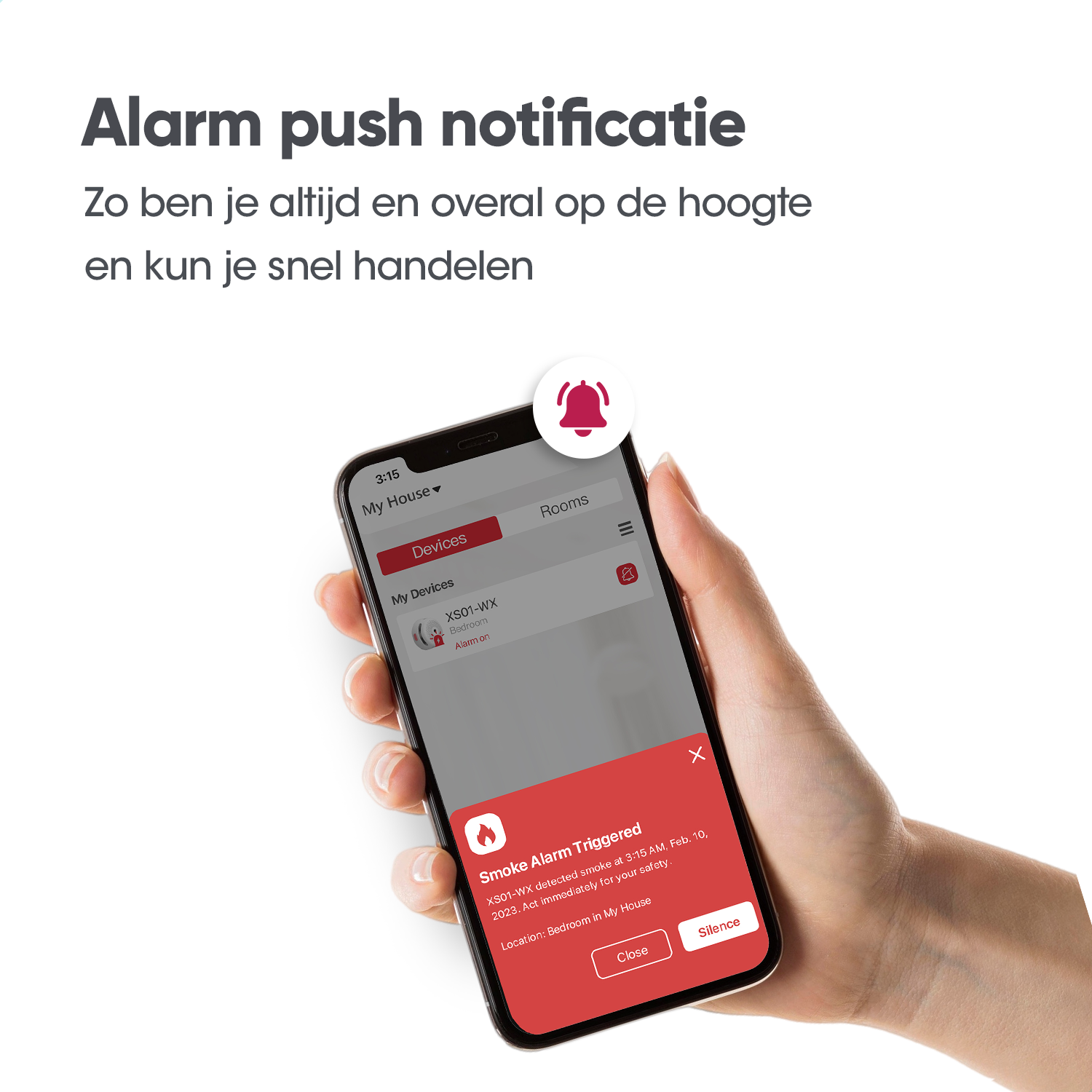 Ein Smartphone zeigt eine Alarmbenachrichtigung. Oben befindet sich ein rotes Alarmglockensymbol. Der Hintergrund ist weiß.