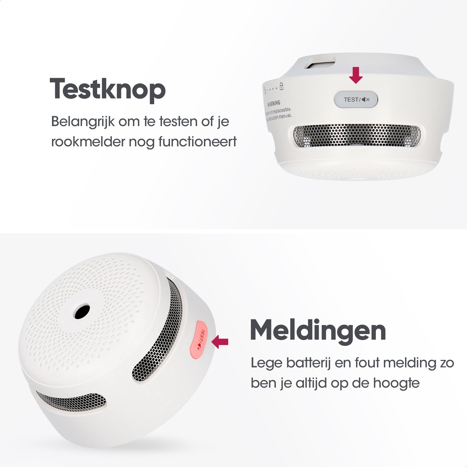 Zwei Rauchmelder mit Text zum Testen des Knopfes und Benachrichtigungen bei niedrigem Batteriestand.