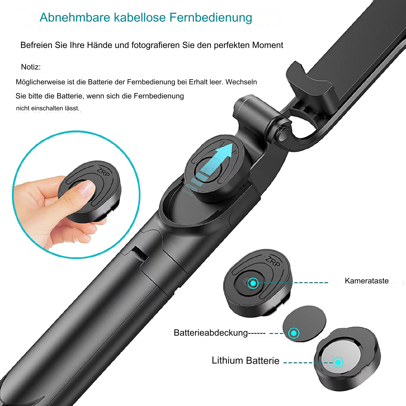 Schwarzer Selfie-Stick mit Fernbedienung. Abnehmbare Fernbedienung. Weißer Hintergrund.