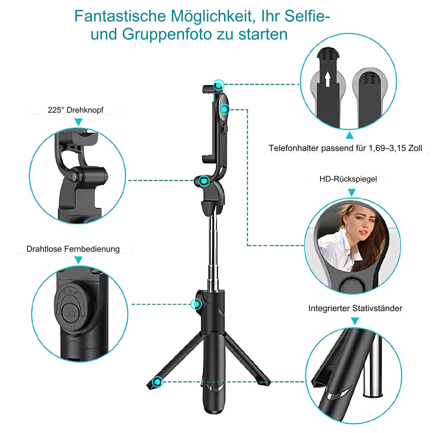 Selfie-Stick mit Telefonhalter, Fernbedienung und Stativbasis, mit Text.