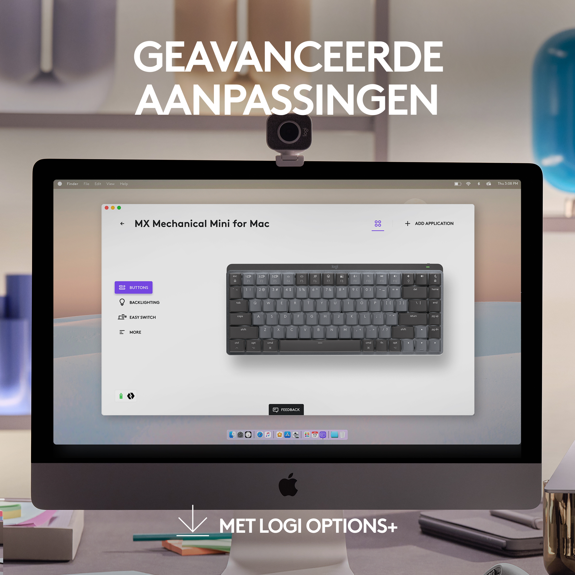 Pantalla de ordenador mostrando software para un teclado MX Mechanical Mini, con una webcam en la parte superior.