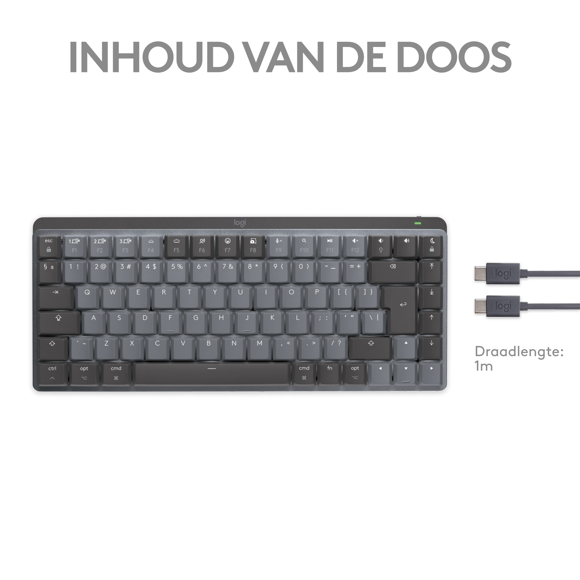 Teclado Logi con cable USB. El teclado es gris y tiene un diseño minimalista.