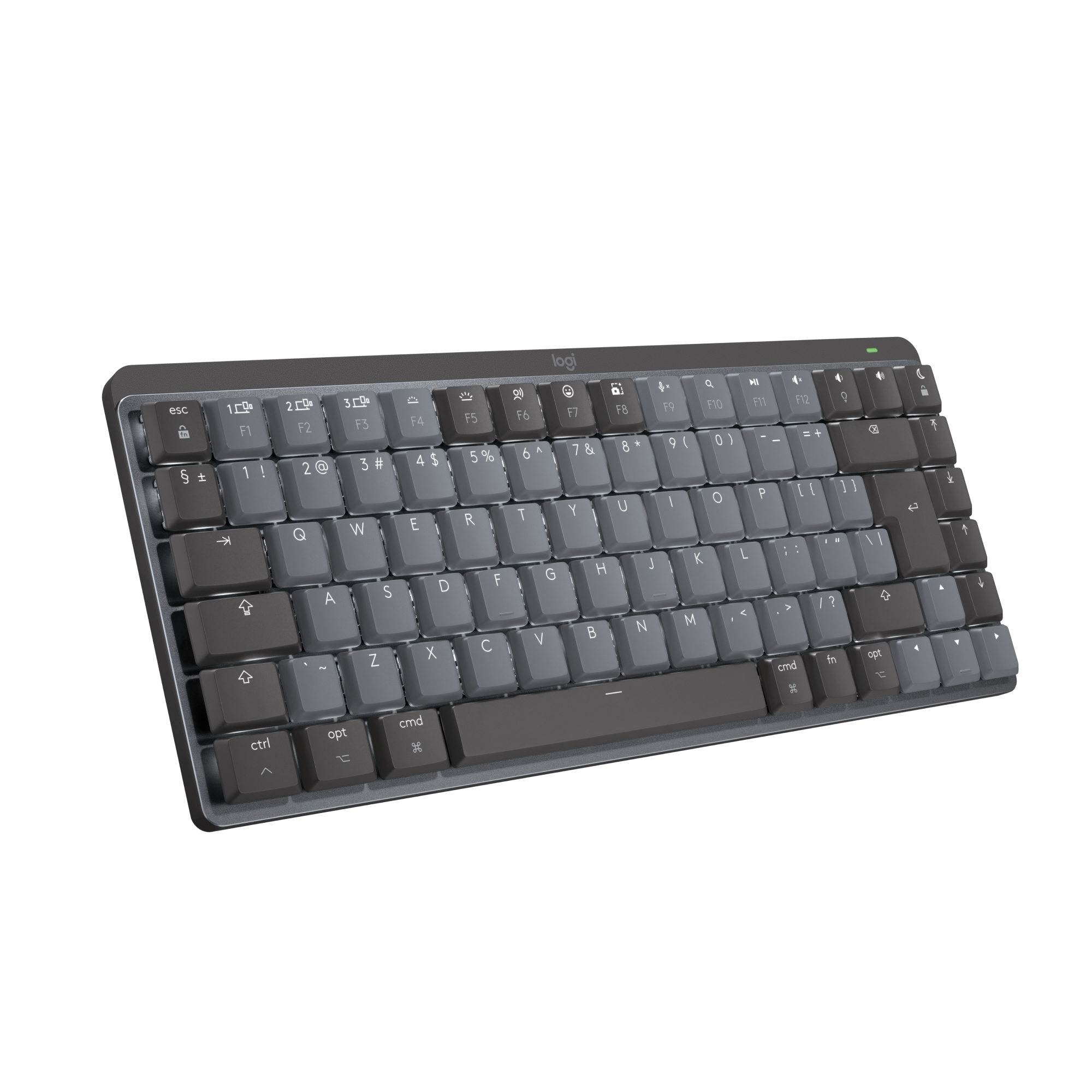 Un teclado gris con teclas negras y letras blancas. Es un diseño compacto, con el logo de Logi.