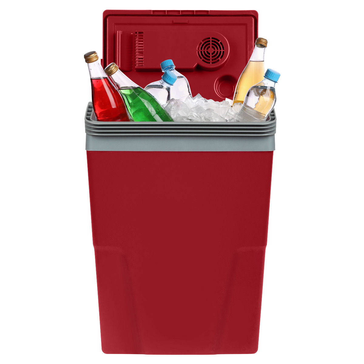 Czerwona chłodziarka z butelkami i lodem w środku. Pokrywa jest otwarta.