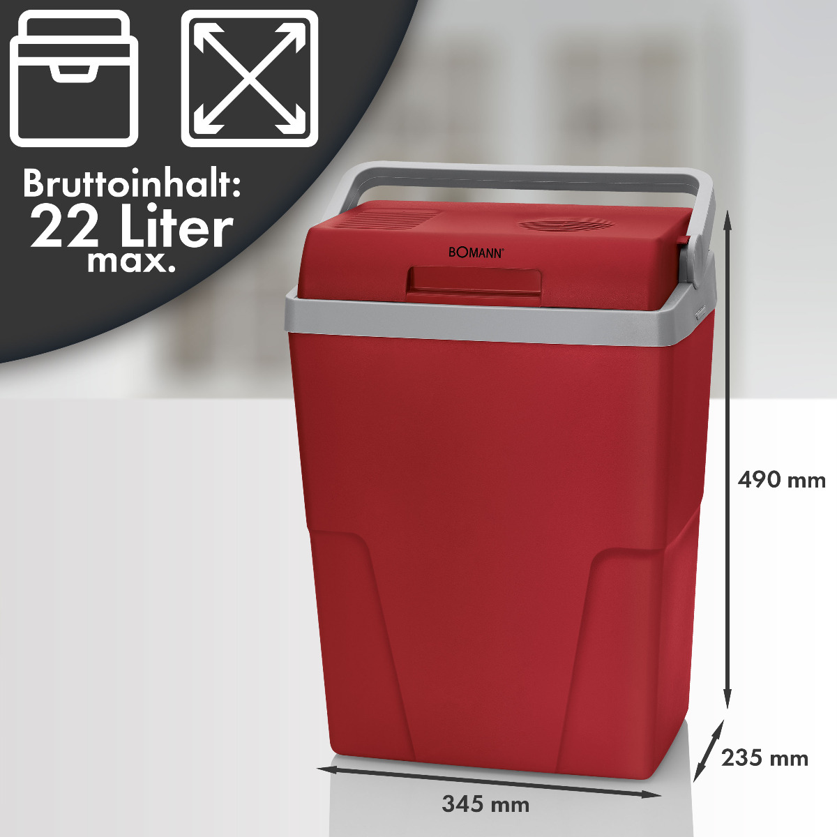 Czerwona chłodziarka z szarym uchwytem i pokrywą, z wymiarami i tekstem, na białej powierzchni.