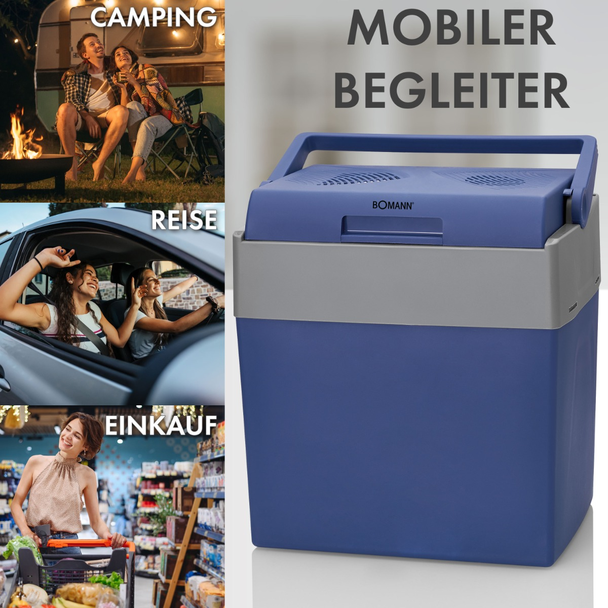 Obraz z lodówką turystyczną i trzema scenami: kemping, jazda samochodem i zakupy.