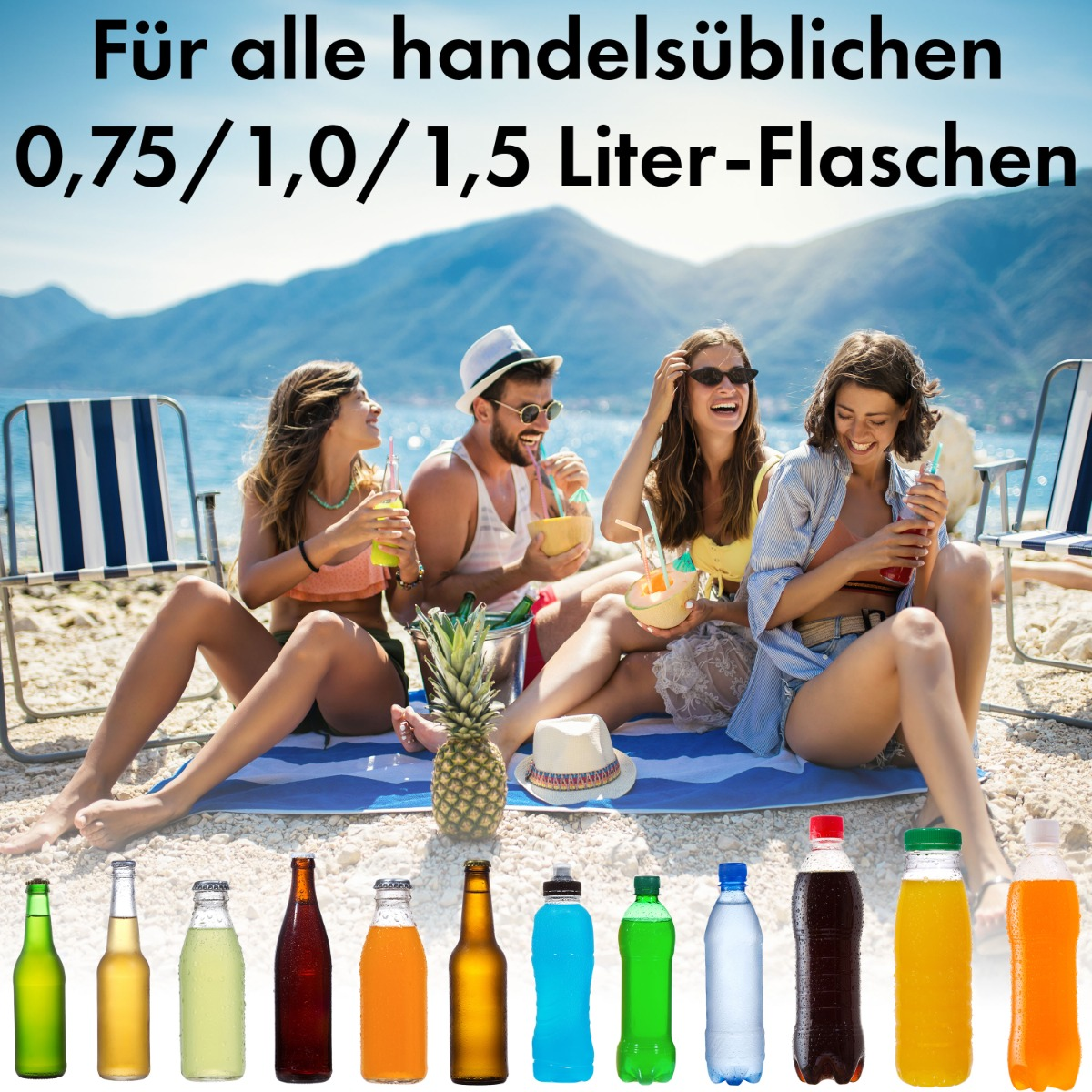 Ludzie siedzą na plaży z napojami. Różne butelki są ustawione w rzędzie na pierwszym planie.