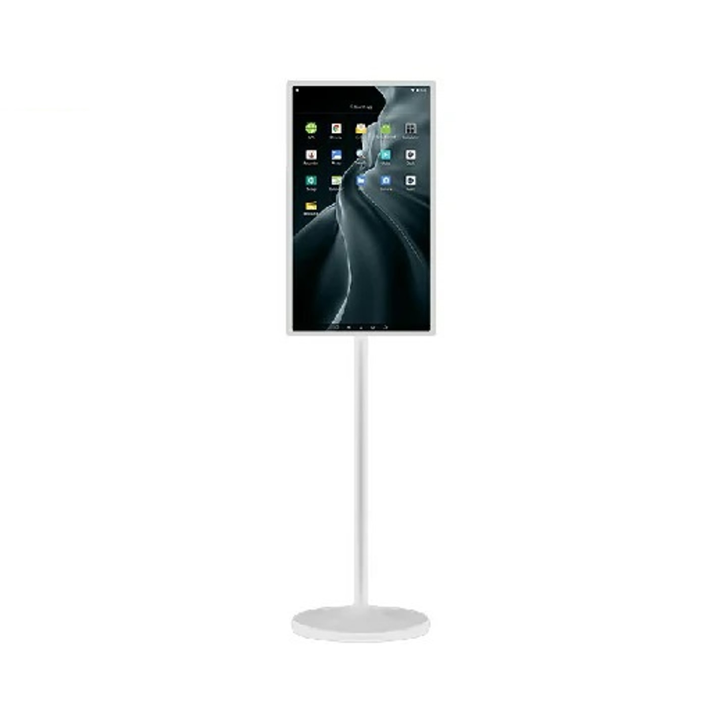 Ein weißer, hoher Ständer mit einem Tablet, das eine App-Oberfläche anzeigt. Weißer Hintergrund.