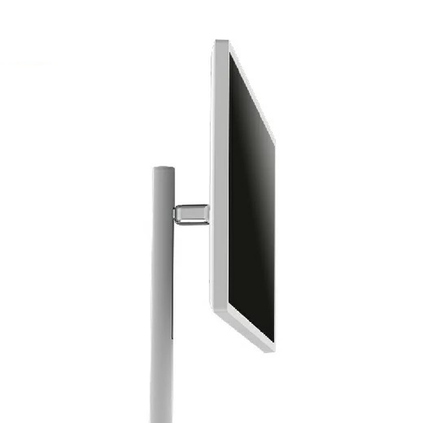 Seitenansicht eines silbernen Computermonitors auf weißem Hintergrund.