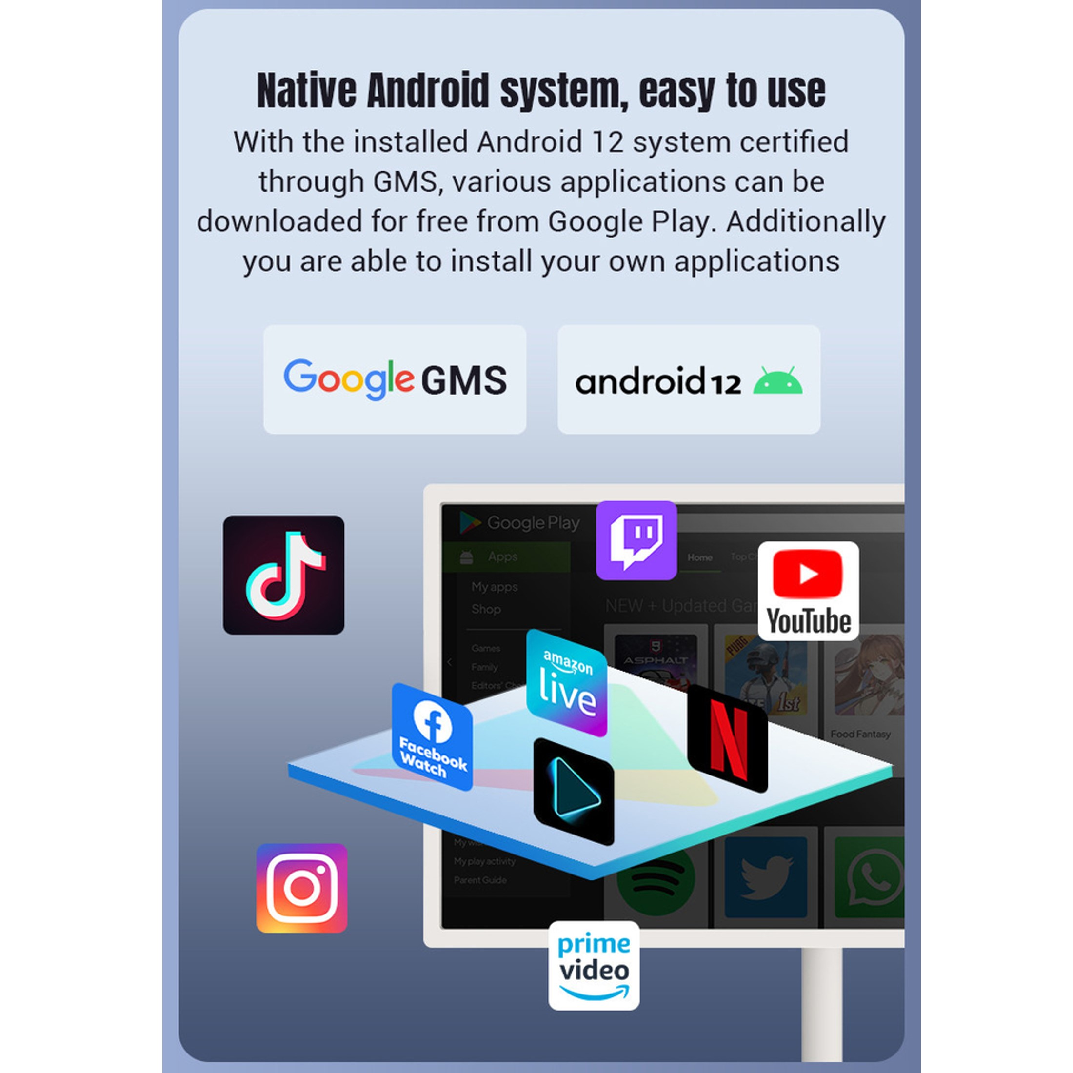 Ein Bildschirm zeigt App-Symbole mit Logos. Text enthält Google Play und Android 12.
