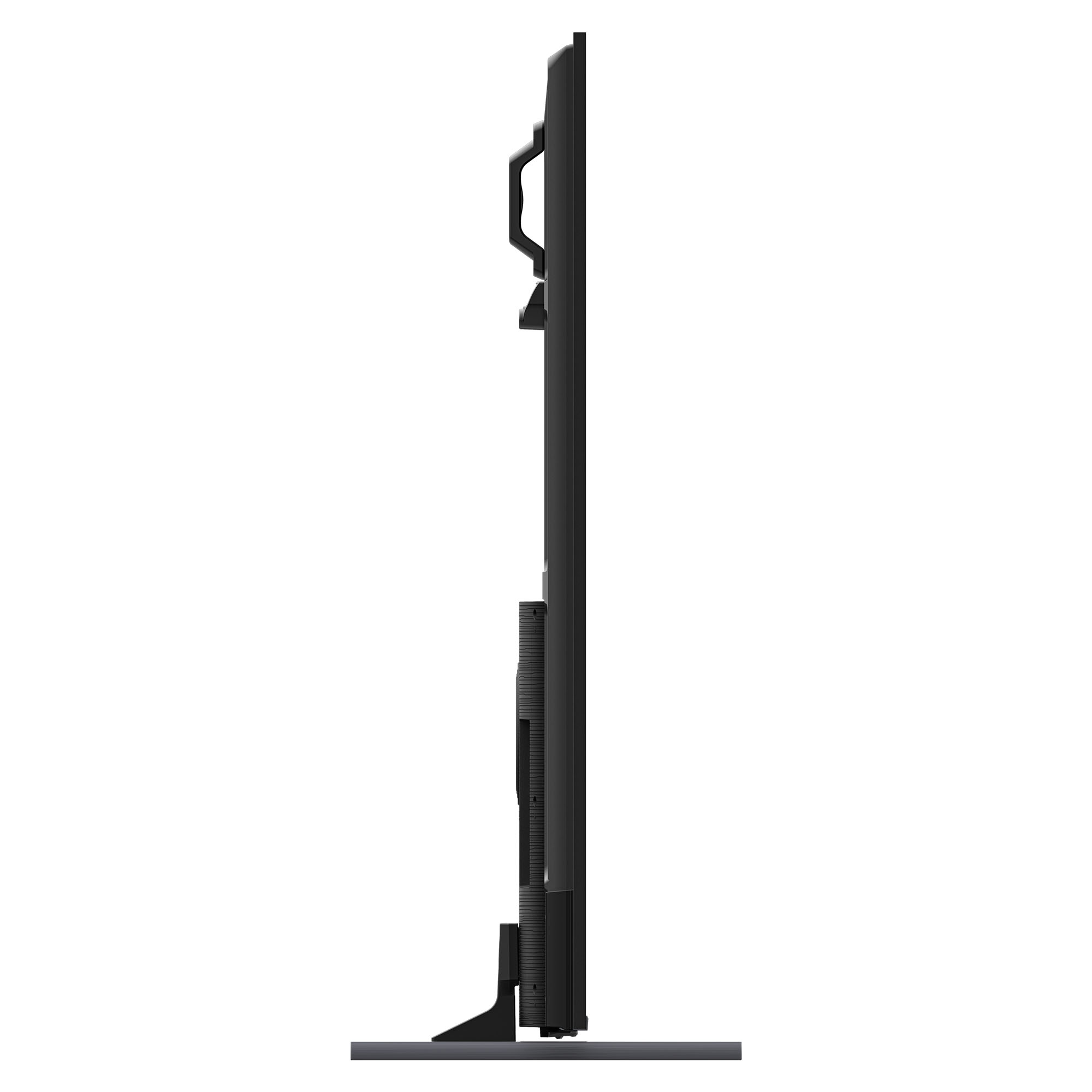 Seitenansicht eines schwarzen Fernsehers mit Ständer auf weißem Hintergrund.