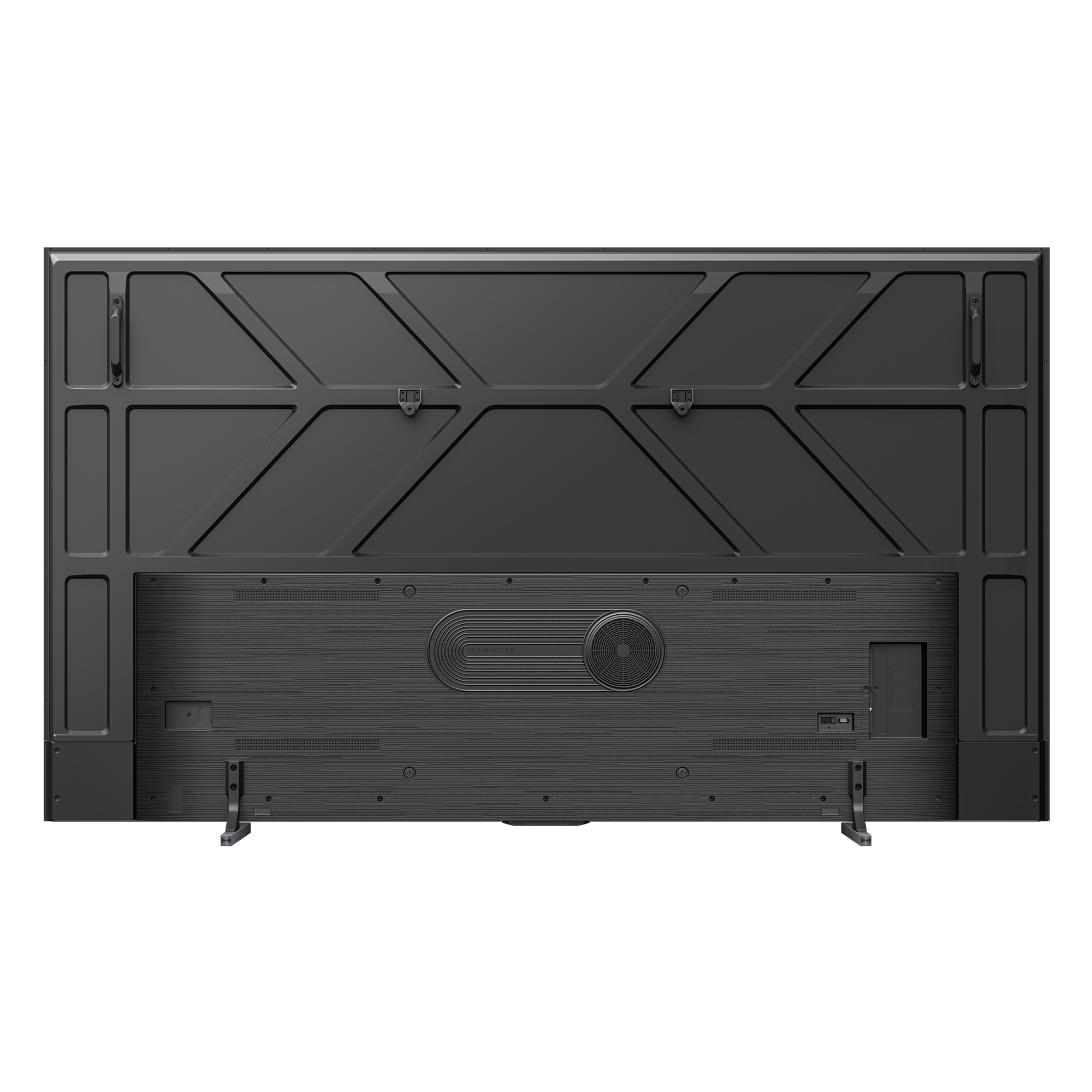 Rückseite eines schwarzen Fernsehers mit gemustertem Design. Er hat einen Lautsprecher, Anschlüsse und Halterungen.