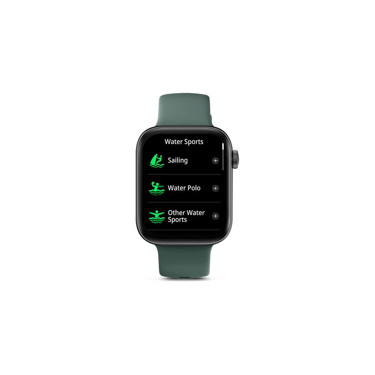 Uno smartwatch che mostra le opzioni per gli sport acquatici: vela, pallanuoto e altri sport acquatici.