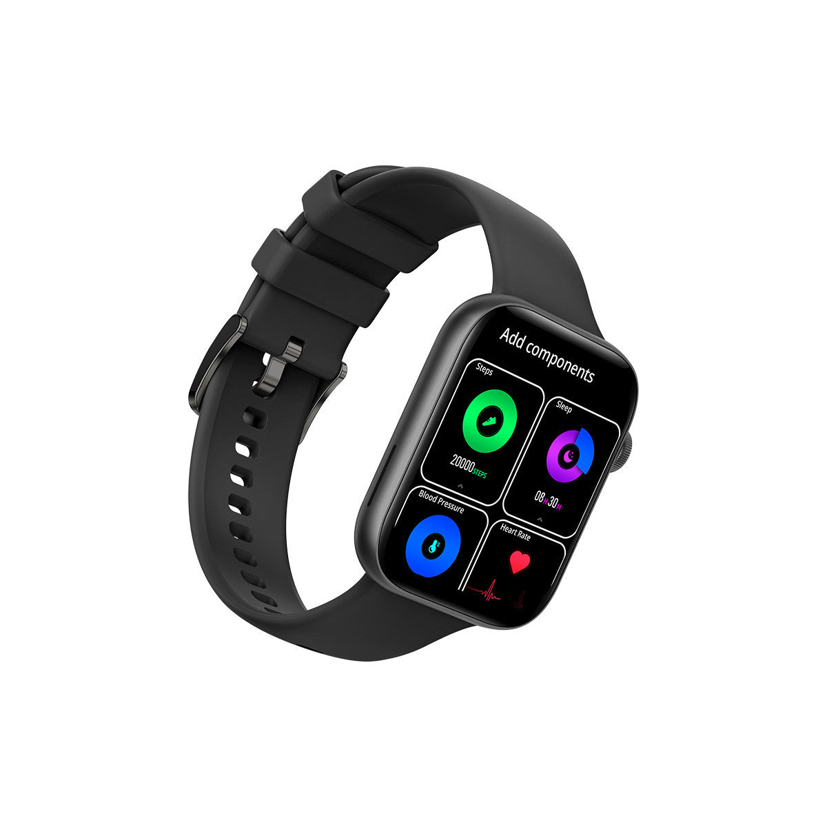 Uno smartwatch nero che mostra metriche di salute su sfondo bianco.