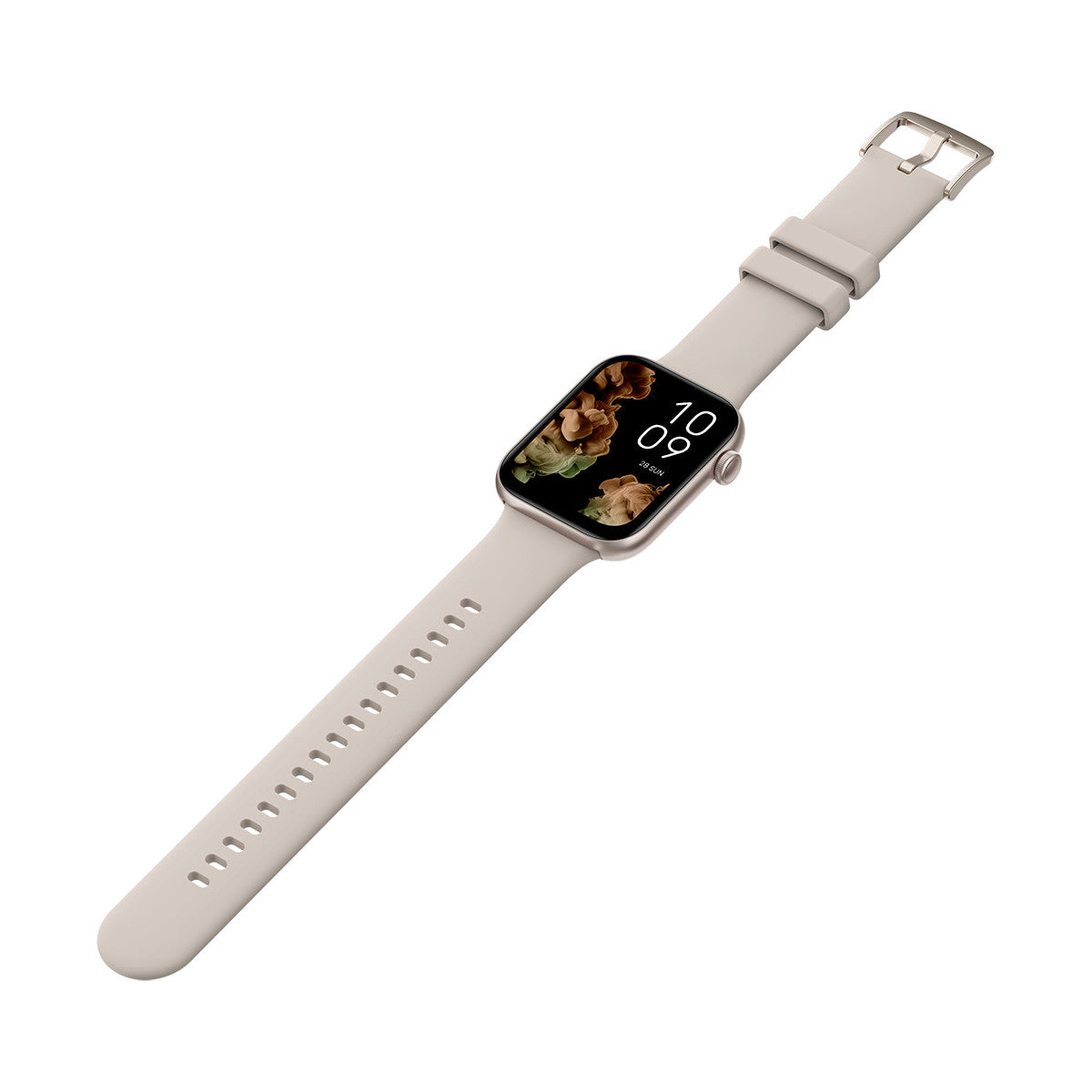 Smartwatch con cinturino color crema. Il display mostra un motivo floreale e l'ora.