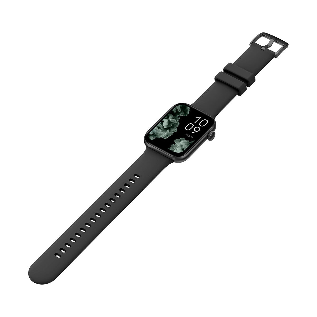 Smartwatch nero con cinturino nero. Lo schermo mostra un motivo floreale e l'ora.