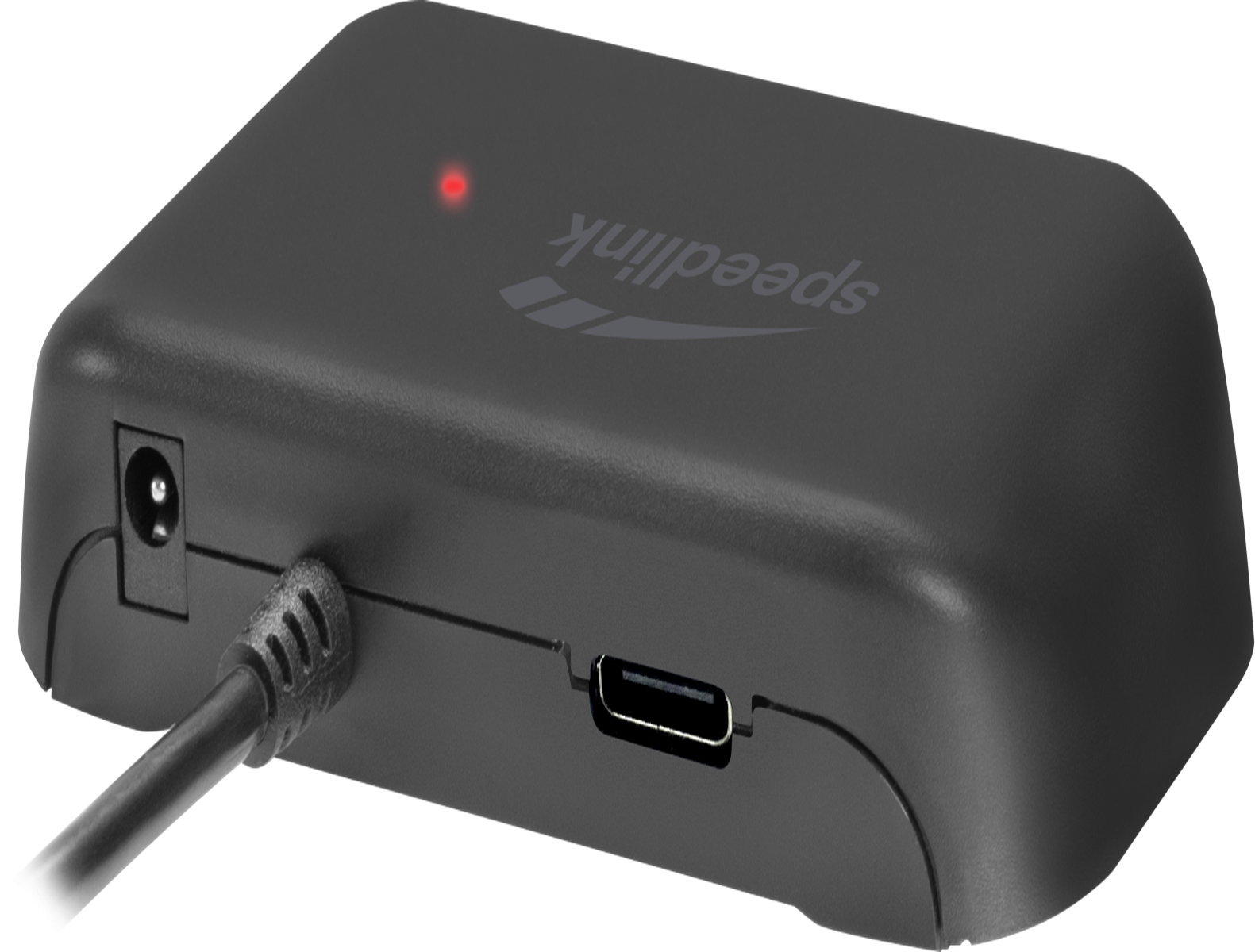 Hub USB Speedlink nero con ingresso di alimentazione e porta USB. Un LED rosso è acceso.