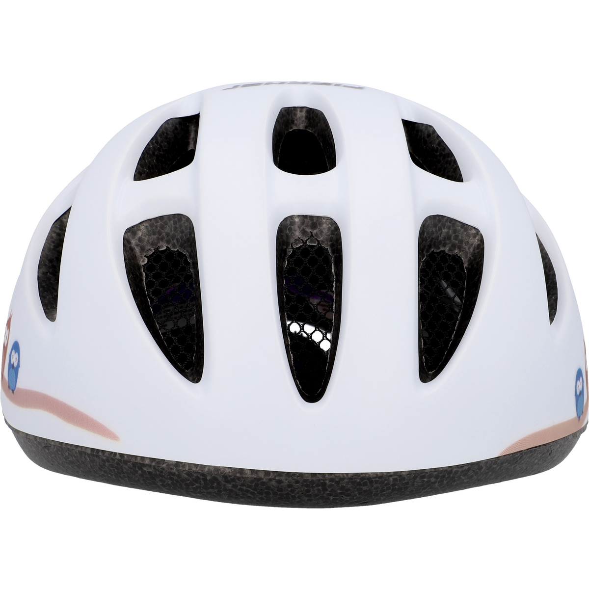 Weißer Helm mit Belüftungsöffnungen. Rosa und blaue Akzente an den Seiten. Schwarze Innenausstattung.