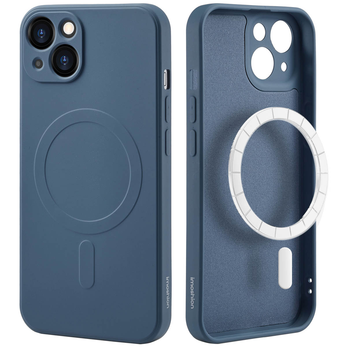 Twee telefoonhoesjes, blauwe kleur, één open met een witte cirkel, en de andere gesloten.
