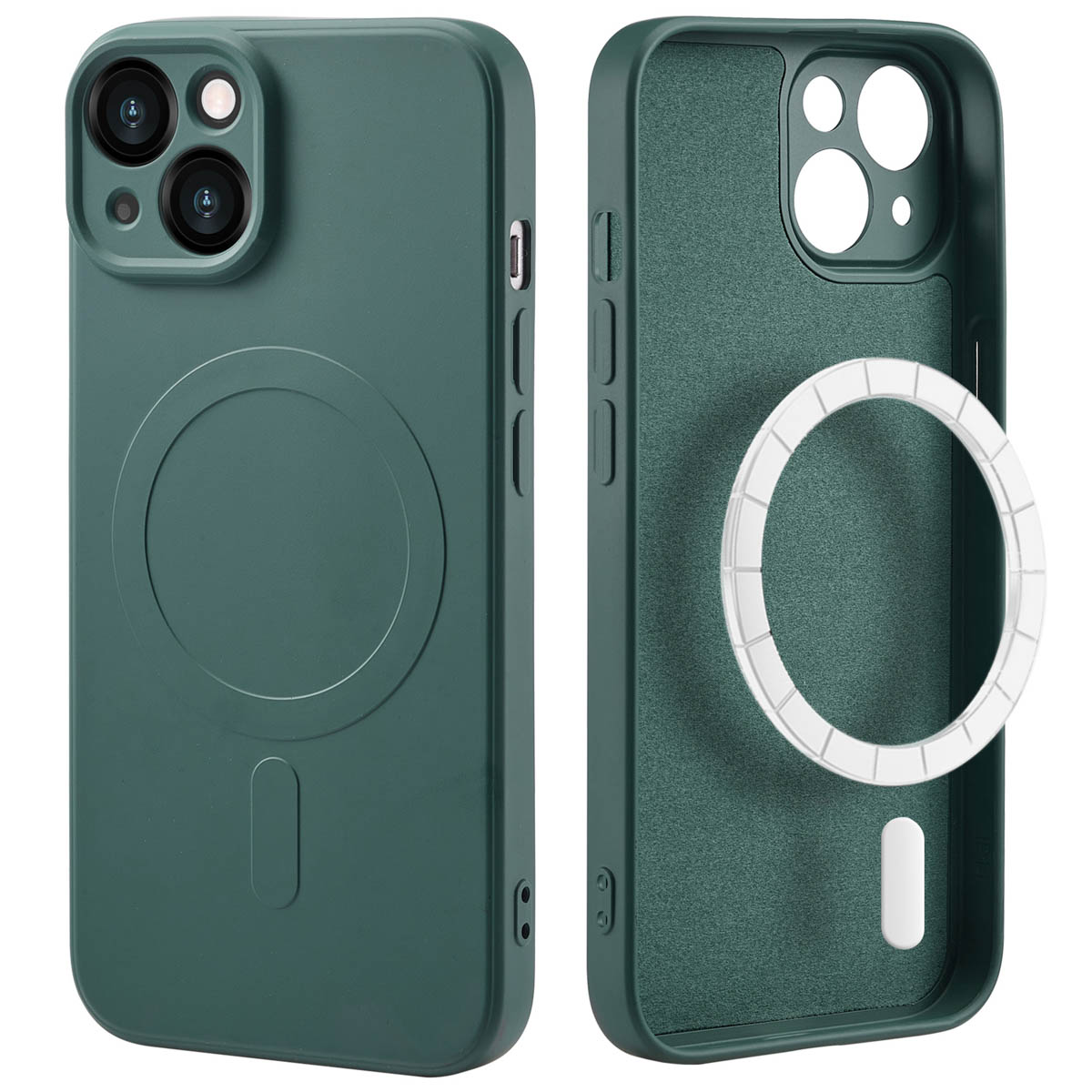 Deux images d'une coque de téléphone verte montrant une vue de face et intérieure avec un cercle blanc.