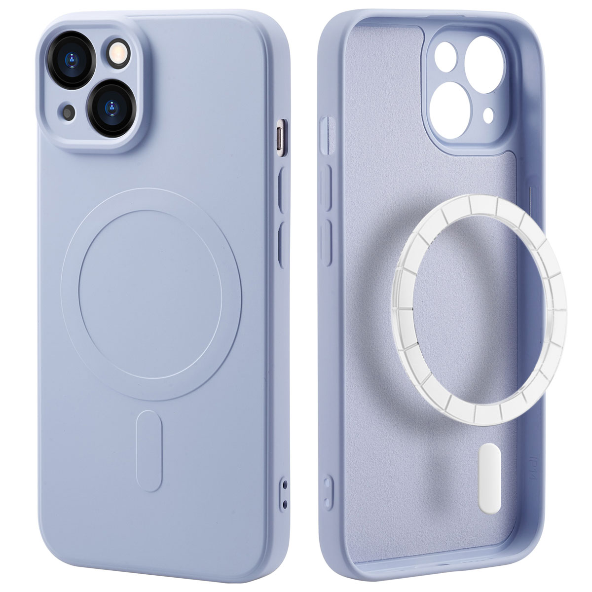 Deux coques de téléphone bleu clair, une ouverte, avec découpes pour caméra et anneau MagSafe.