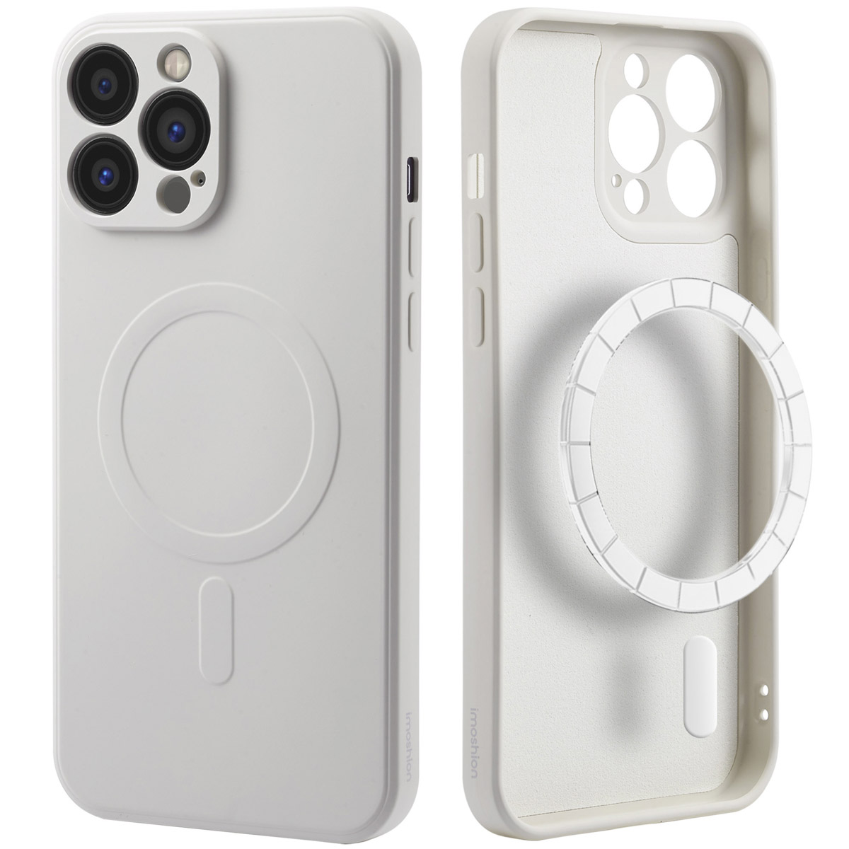 Deux coques de téléphone blanches, montrant l'avant et l'arrière, avec un cercle magnétique à l'arrière.