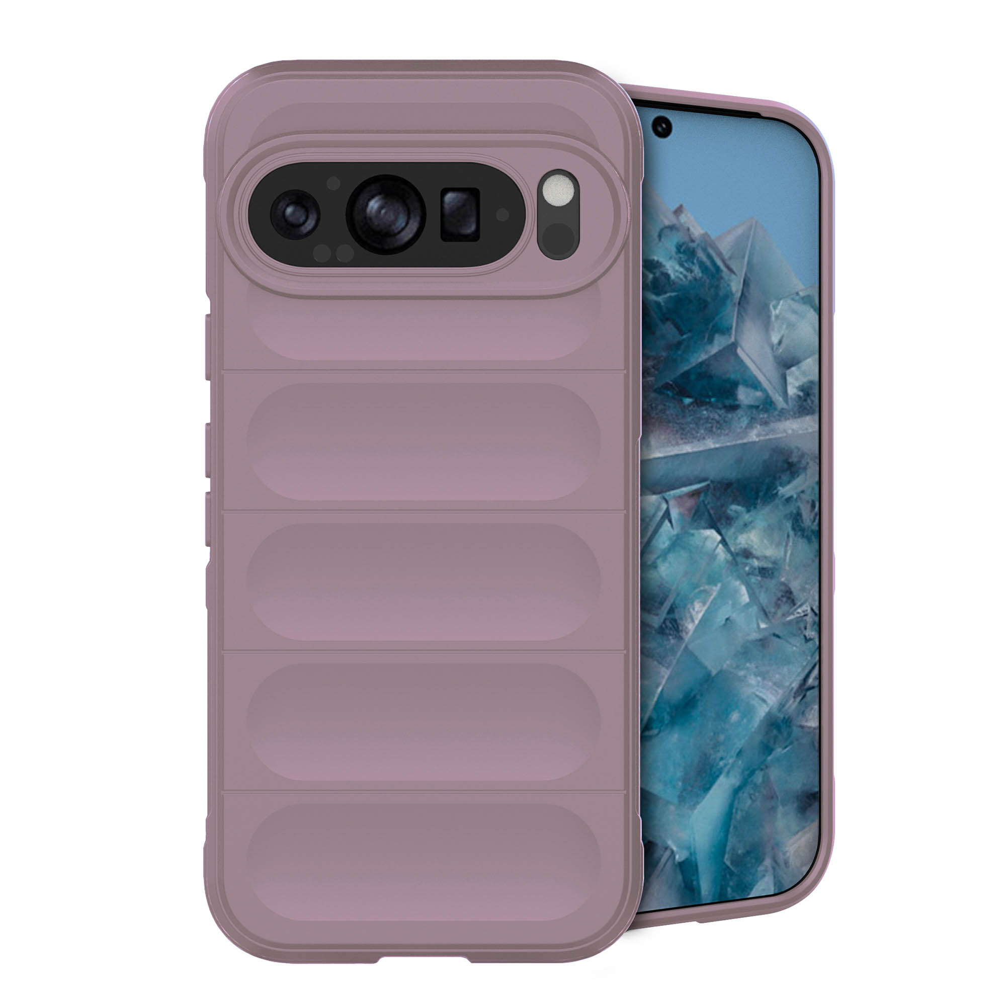 Een telefoonhoesje in mauve kleur, met een camera-uitsparing. Het telefoonscherm is zichtbaar.