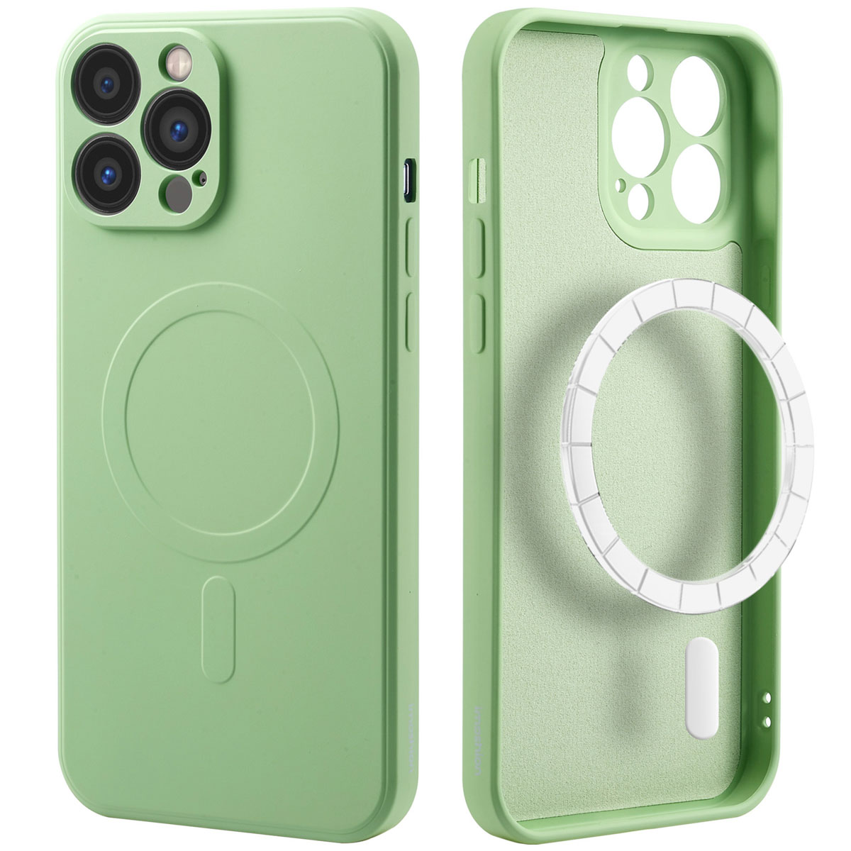 Coque de téléphone verte avec découpes pour appareil photo et boutons, et un cercle pour MagSafe.