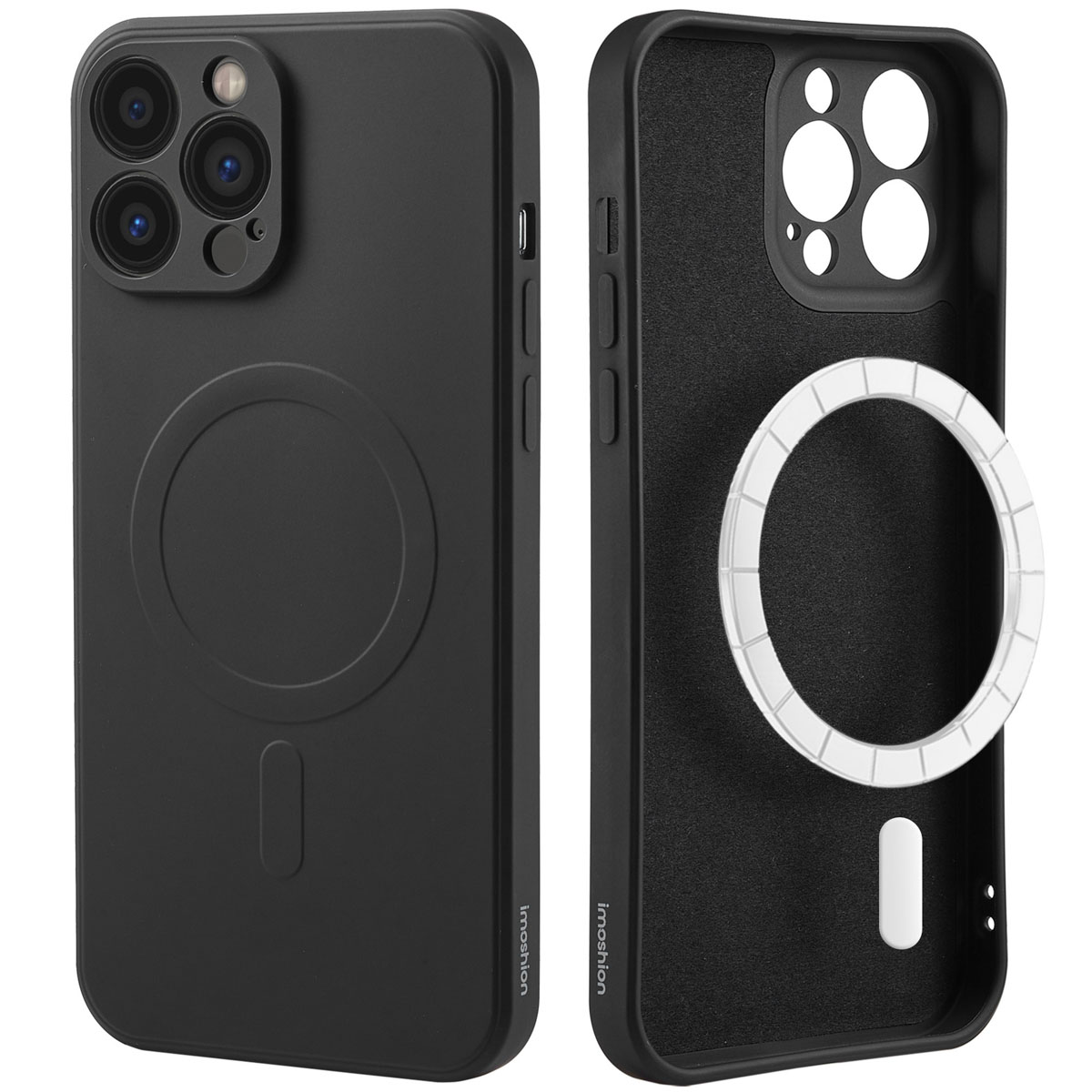 Coque de téléphone noire avec MagSafe. Vue avant et intérieure de la coque, extérieur noir et anneau blanc.