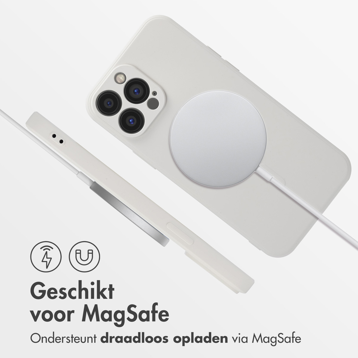 Téléphone blanc avec un chargeur MagSafe blanc connecté et une vue latérale de l'étui.
