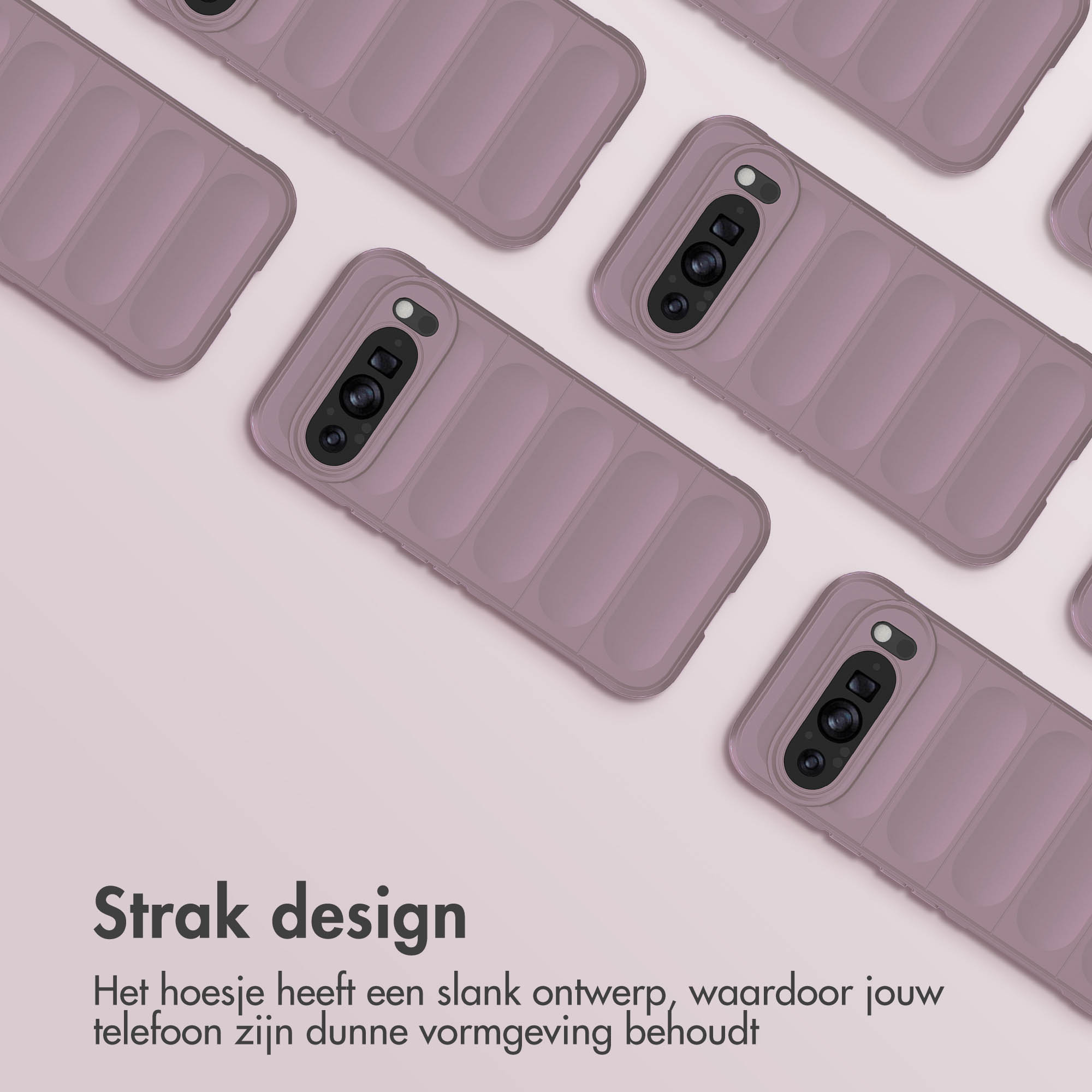 Een raster van telefoonhoesjes, lichtpaarse kleur. Tekst: Strak design, behoudt de vorm van de telefoon.