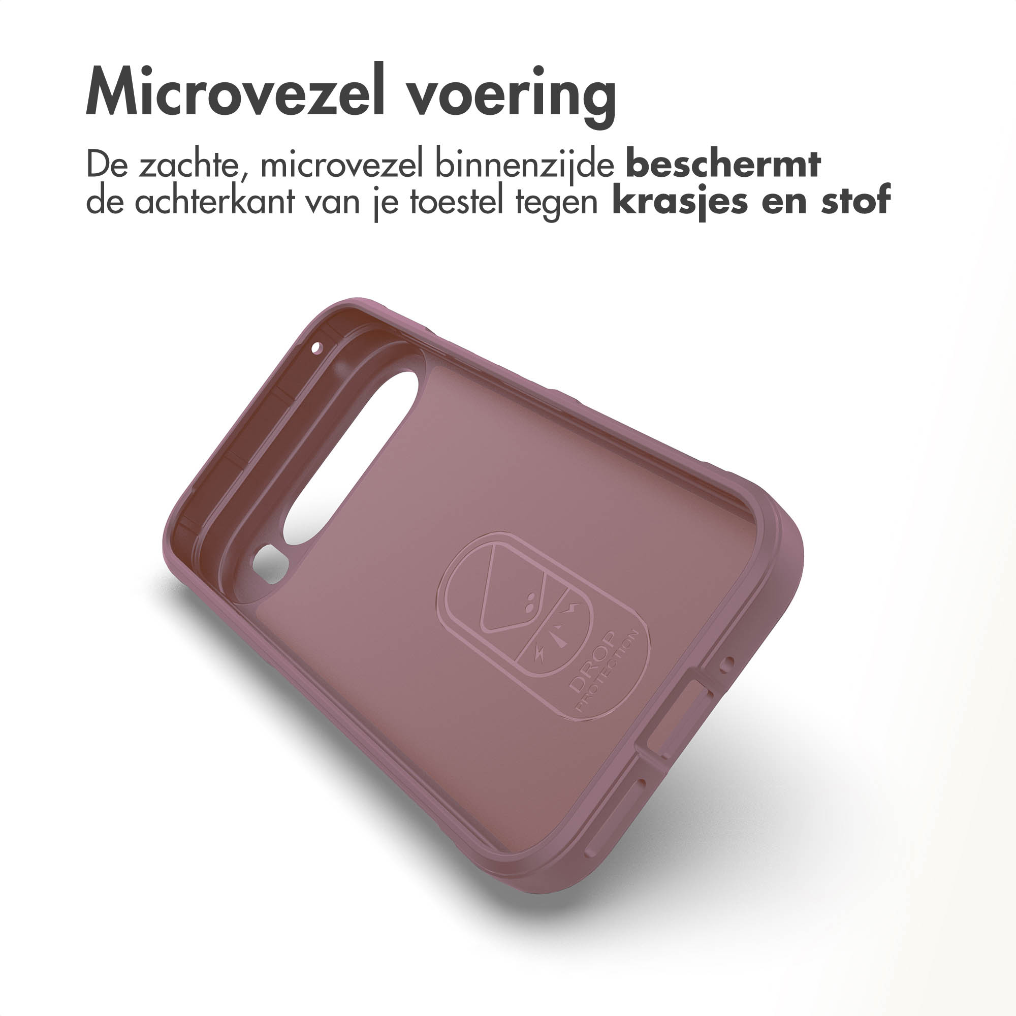 Een roze telefoonhoesje interieur met een druppellogo. De hoes is open.