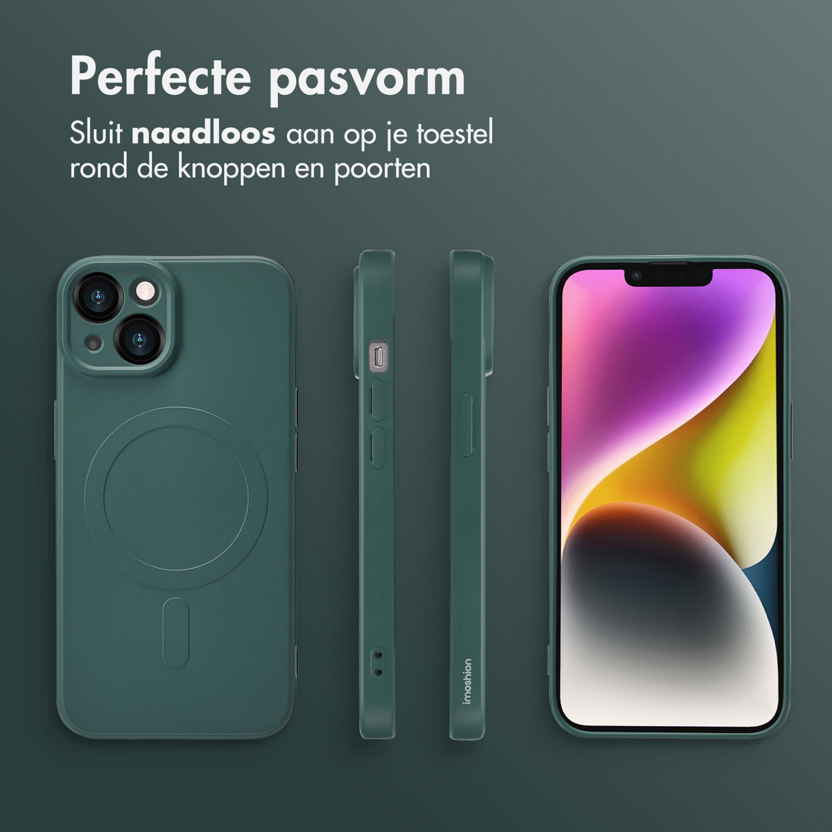 Coque de téléphone verte sur fond sombre. Plusieurs vues de la coque et du téléphone.