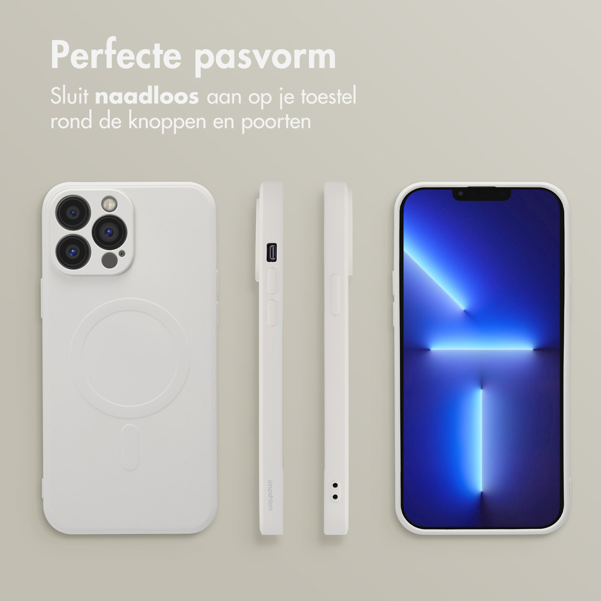 Coque de téléphone blanche. Trois vues : avant, côté et arrière. La coque a une découpe caméra et des boutons latéraux.
