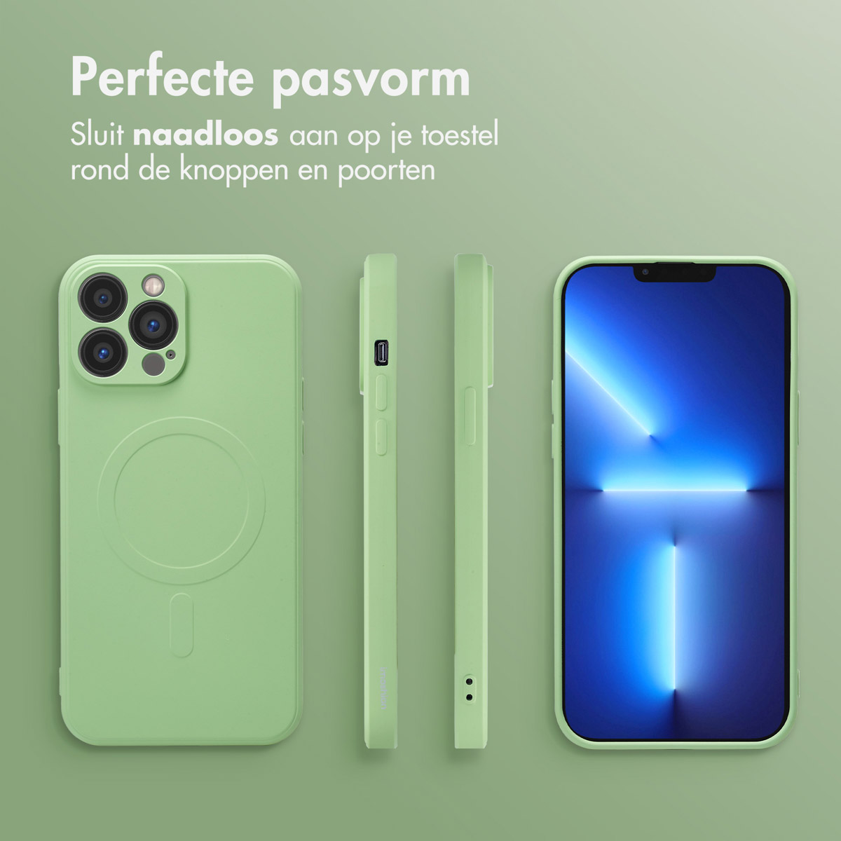 Coque de téléphone verte sur fond vert clair. Plusieurs vues de la coque et du téléphone.